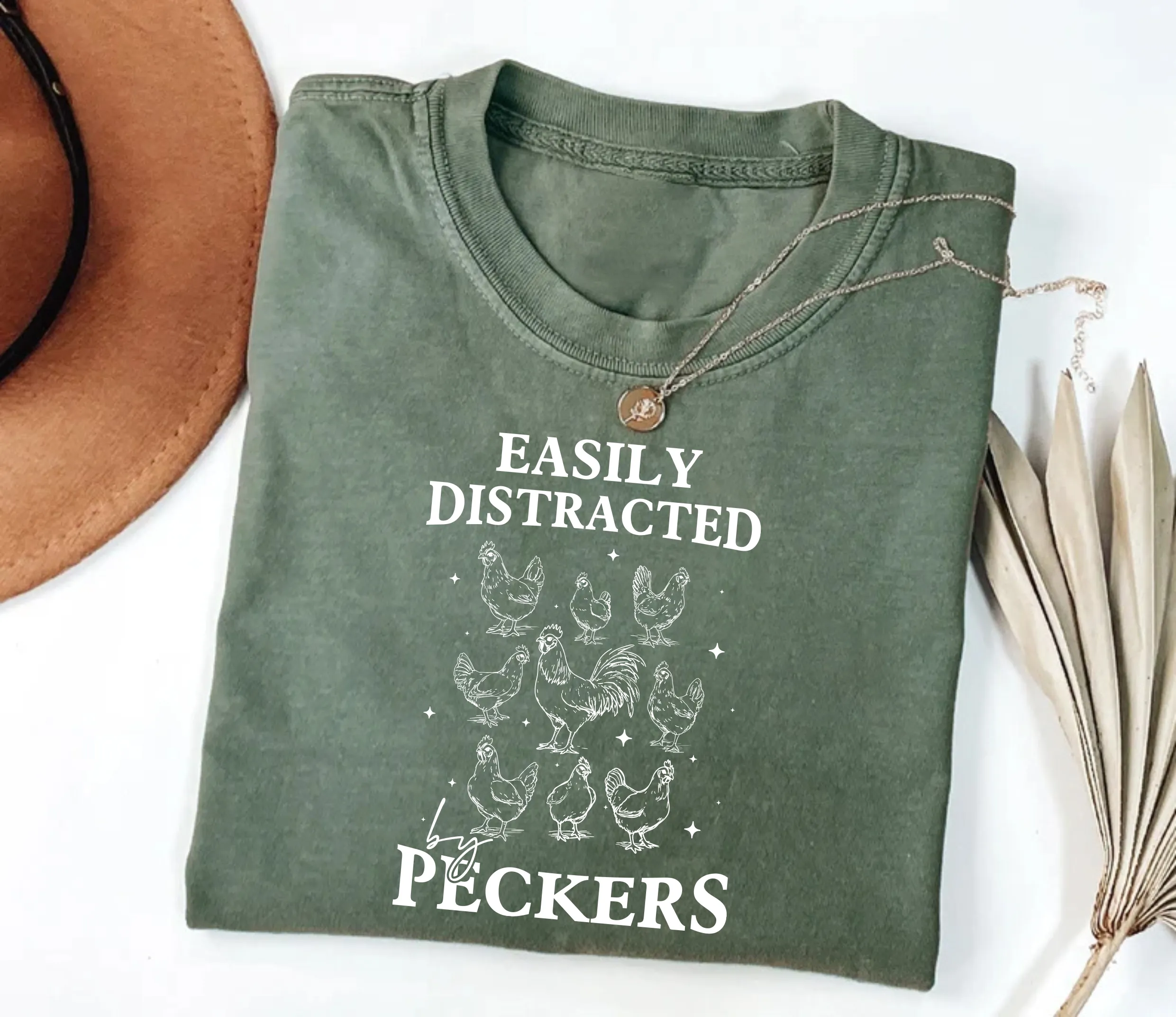 Easily Distracted By Peckers Short Sleeve T-Shirt, Funny Chicken T-Shirt