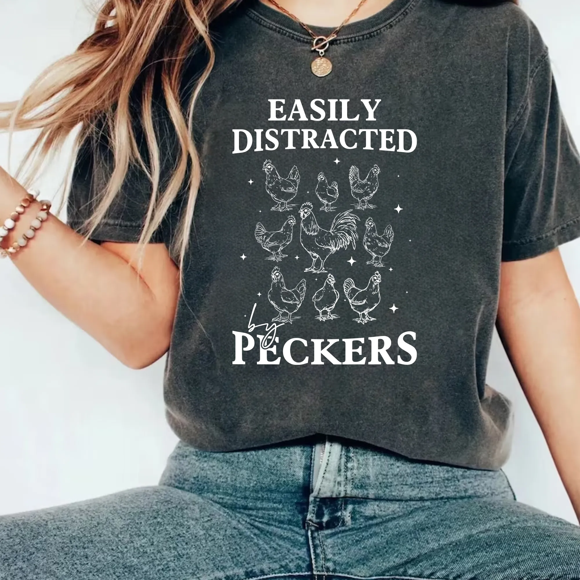 Easily Distracted By Peckers Short Sleeve T-Shirt, Funny Chicken T-Shirt