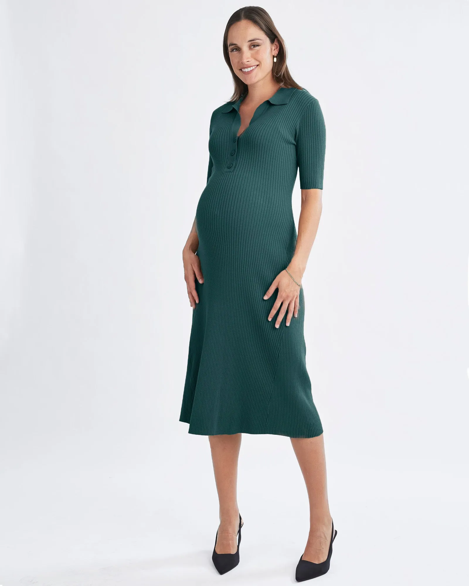 Eleanor Elegance Knit Maternity Midi Dress in Viridian Green