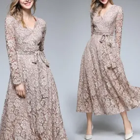 Elegant Knot Waist Large Swing Khaki Lace Dress