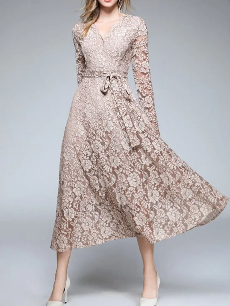 Elegant Knot Waist Large Swing Khaki Lace Dress