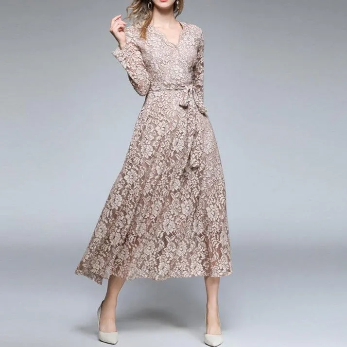 Elegant Knot Waist Large Swing Khaki Lace Dress