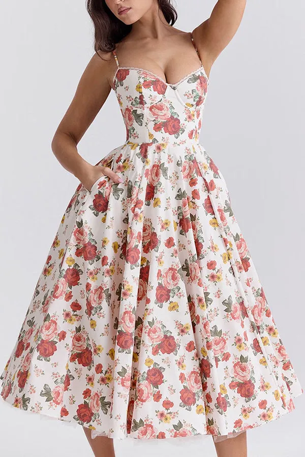 Fairy Tale Gorgeous Italian Rose Print Tulle Pocketed Slip Midi Dress