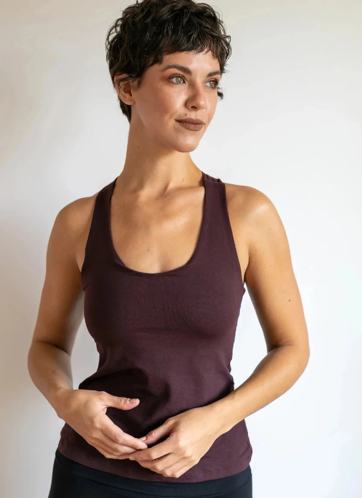 Faith Strappy Yoga Tank Top with Built in Bra in Eggplant