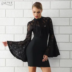 Flare Sleeve Black Lace Nightclub Bodycon Dress