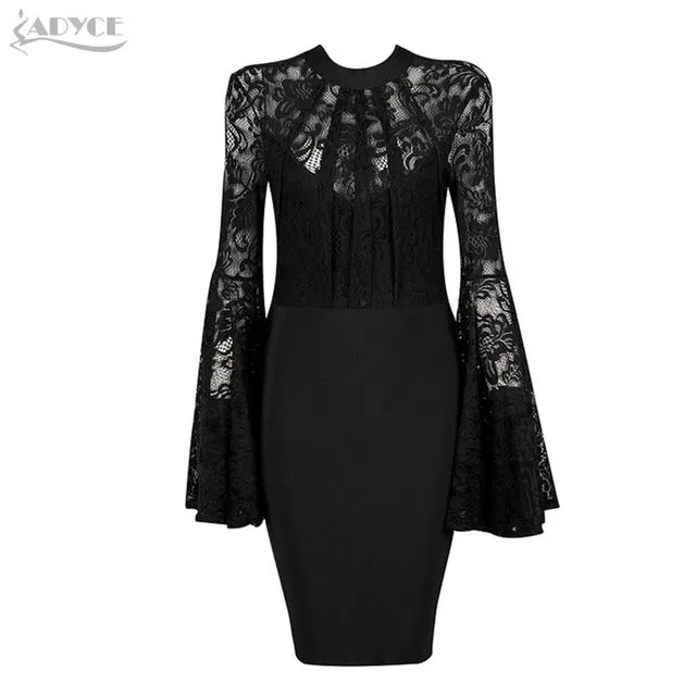 Flare Sleeve Black Lace Nightclub Bodycon Dress