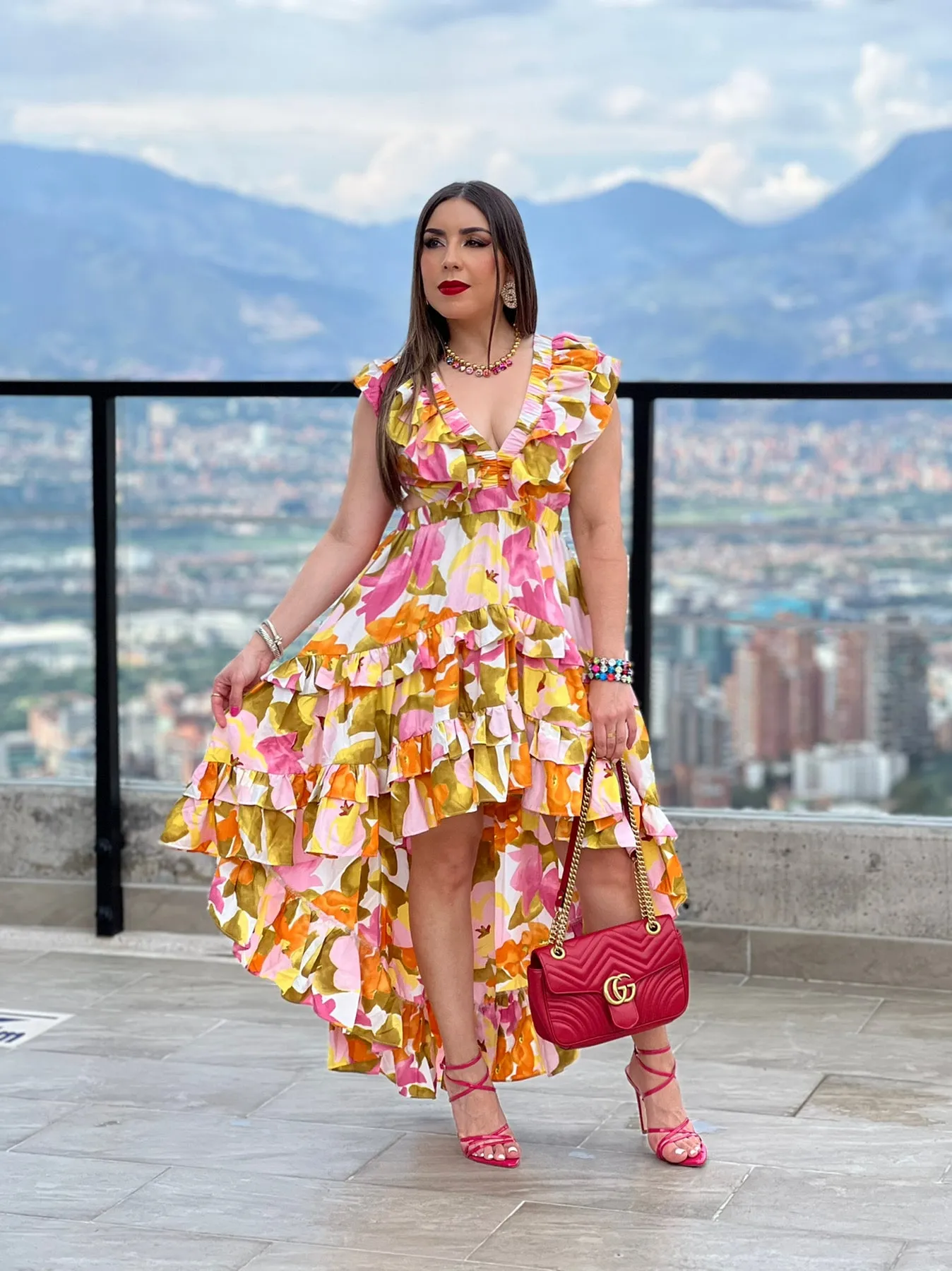 FLORAL HI LOW RUFFLE DRESS