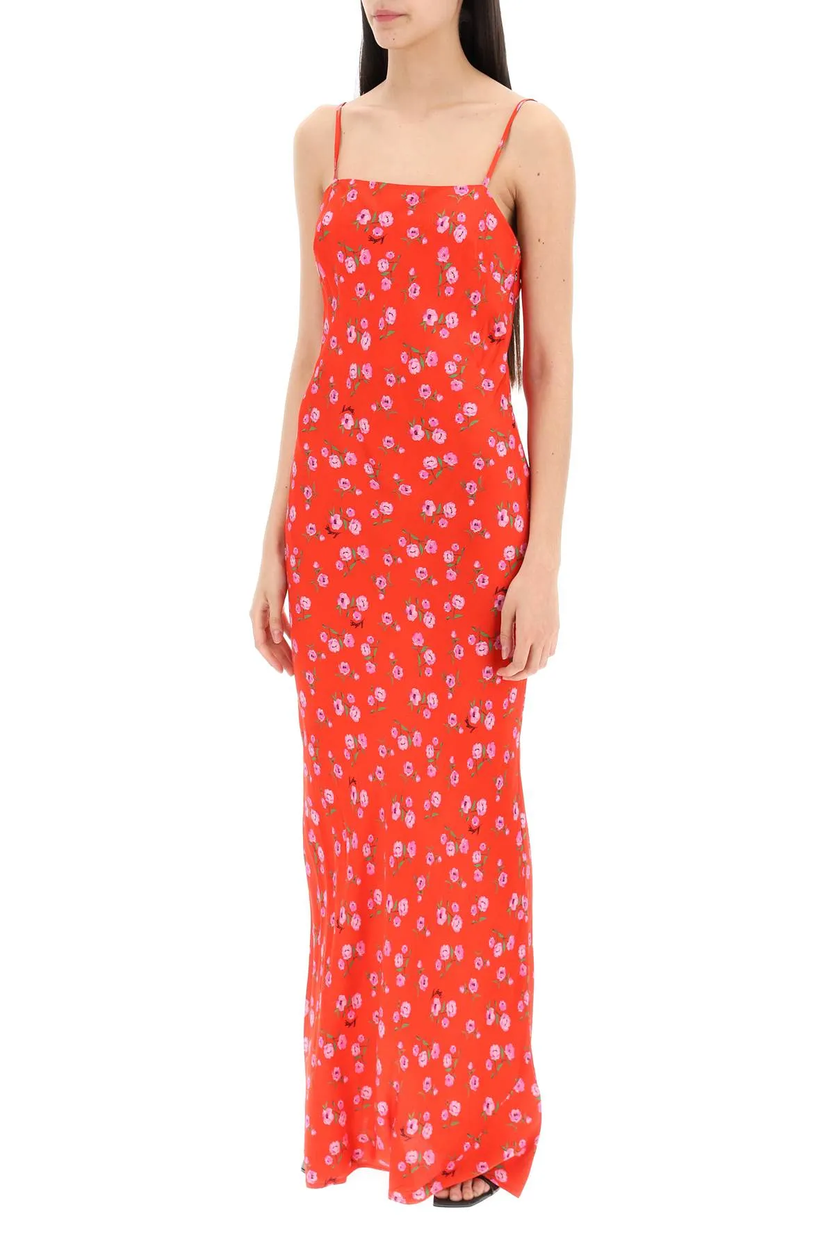 floral printed satin maxi slip dress.