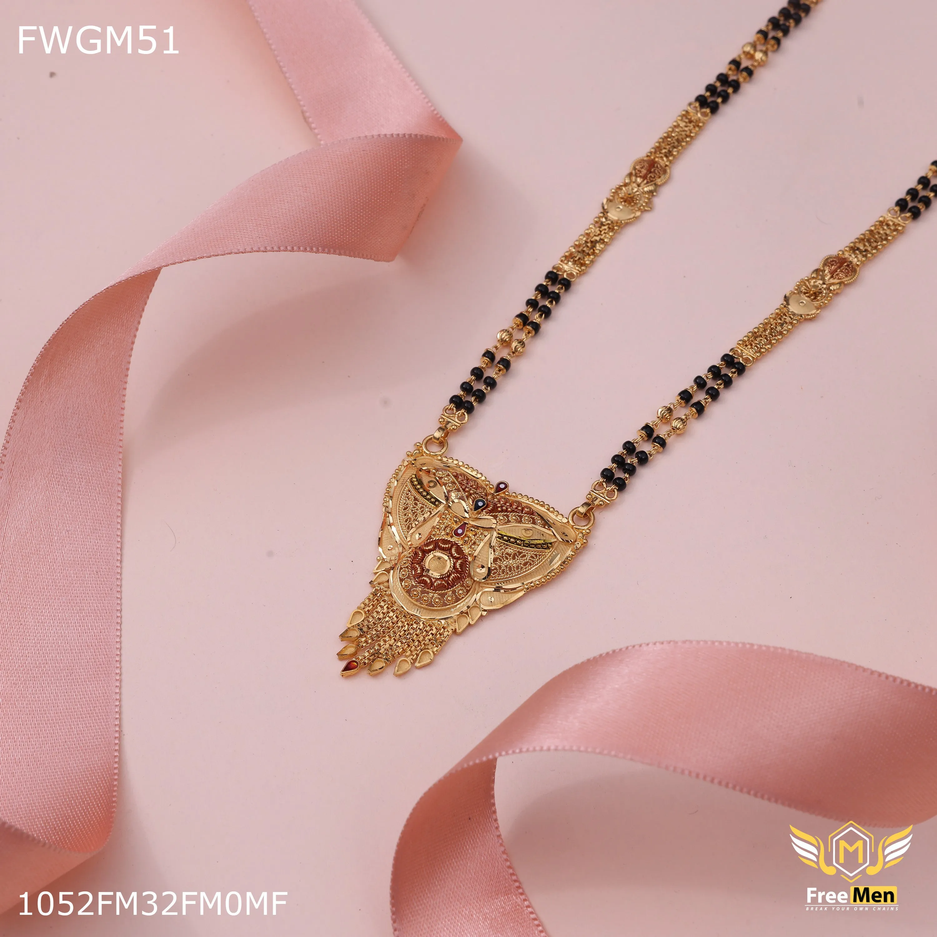 Freemen 1gm tow line gold plated with black moti for women - FWGM51