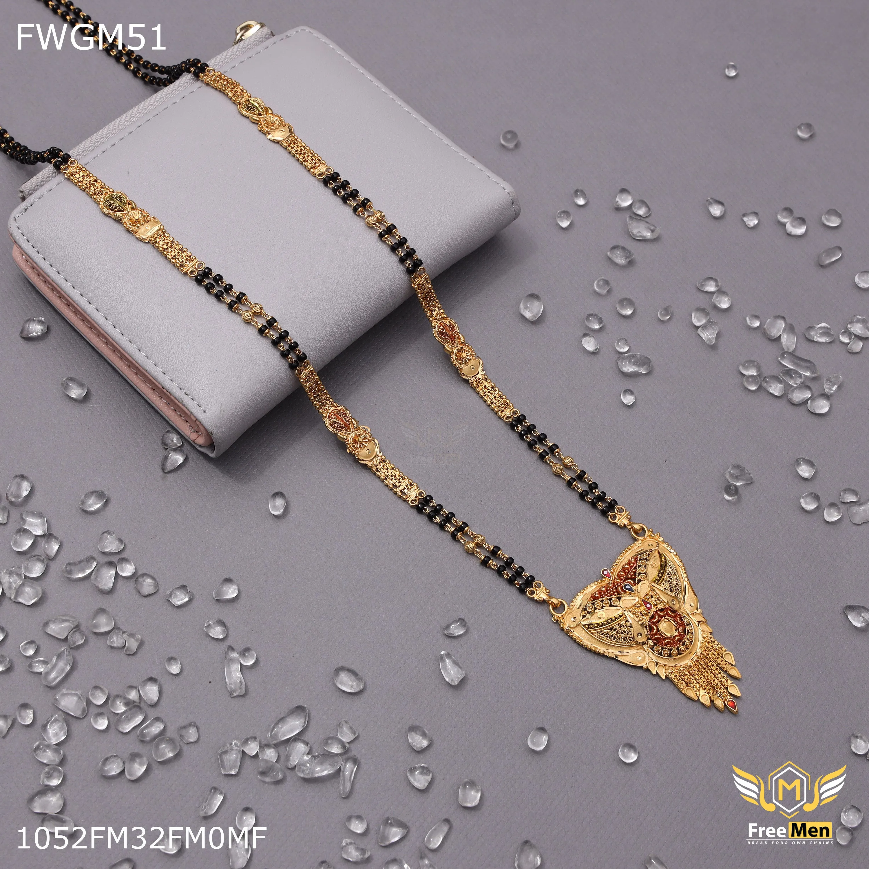 Freemen 1gm tow line gold plated with black moti for women - FWGM51