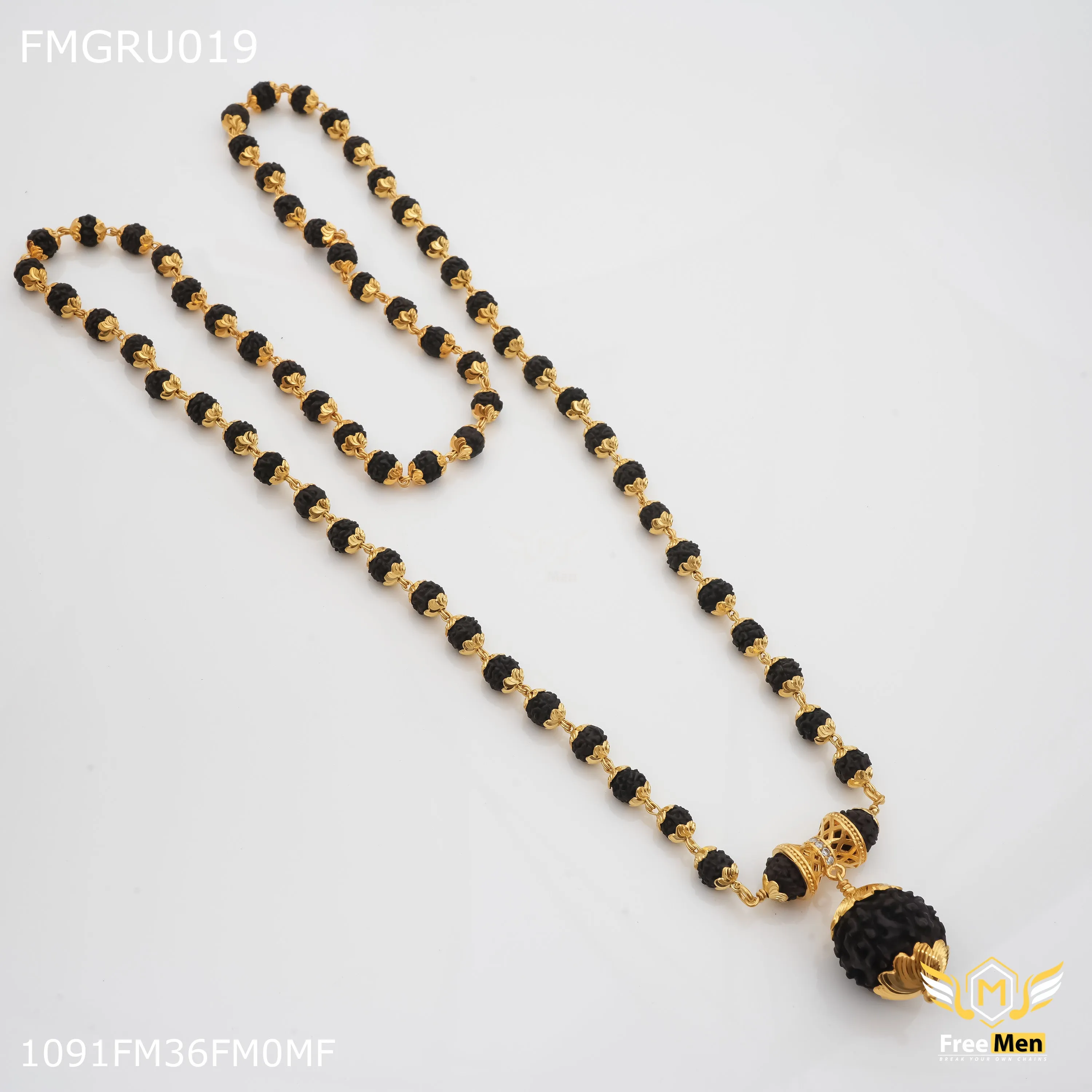 Freemen Black Rudraksha with big rudra pendent Mala for Man - FMGRU019