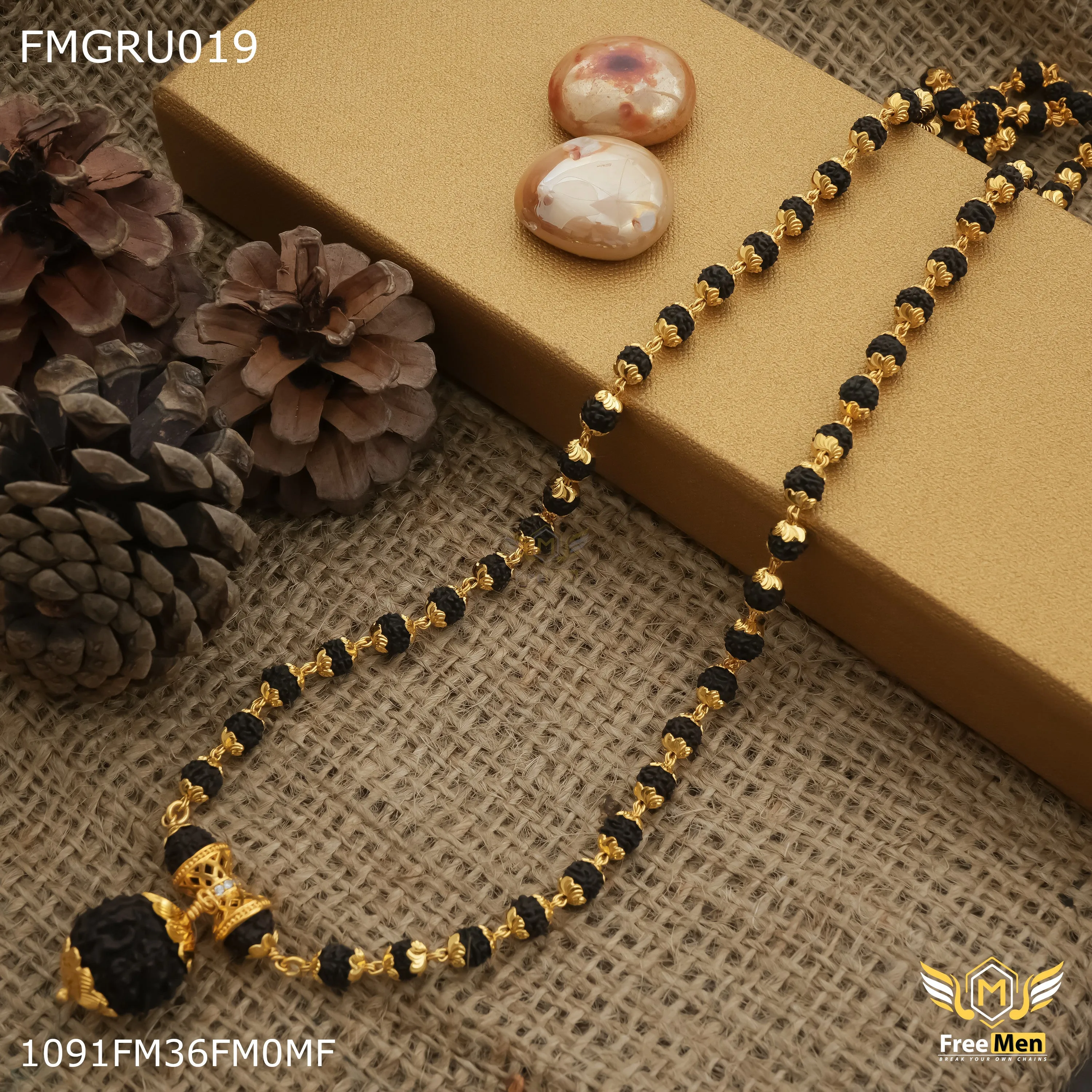 Freemen Black Rudraksha with big rudra pendent Mala for Man - FMGRU019