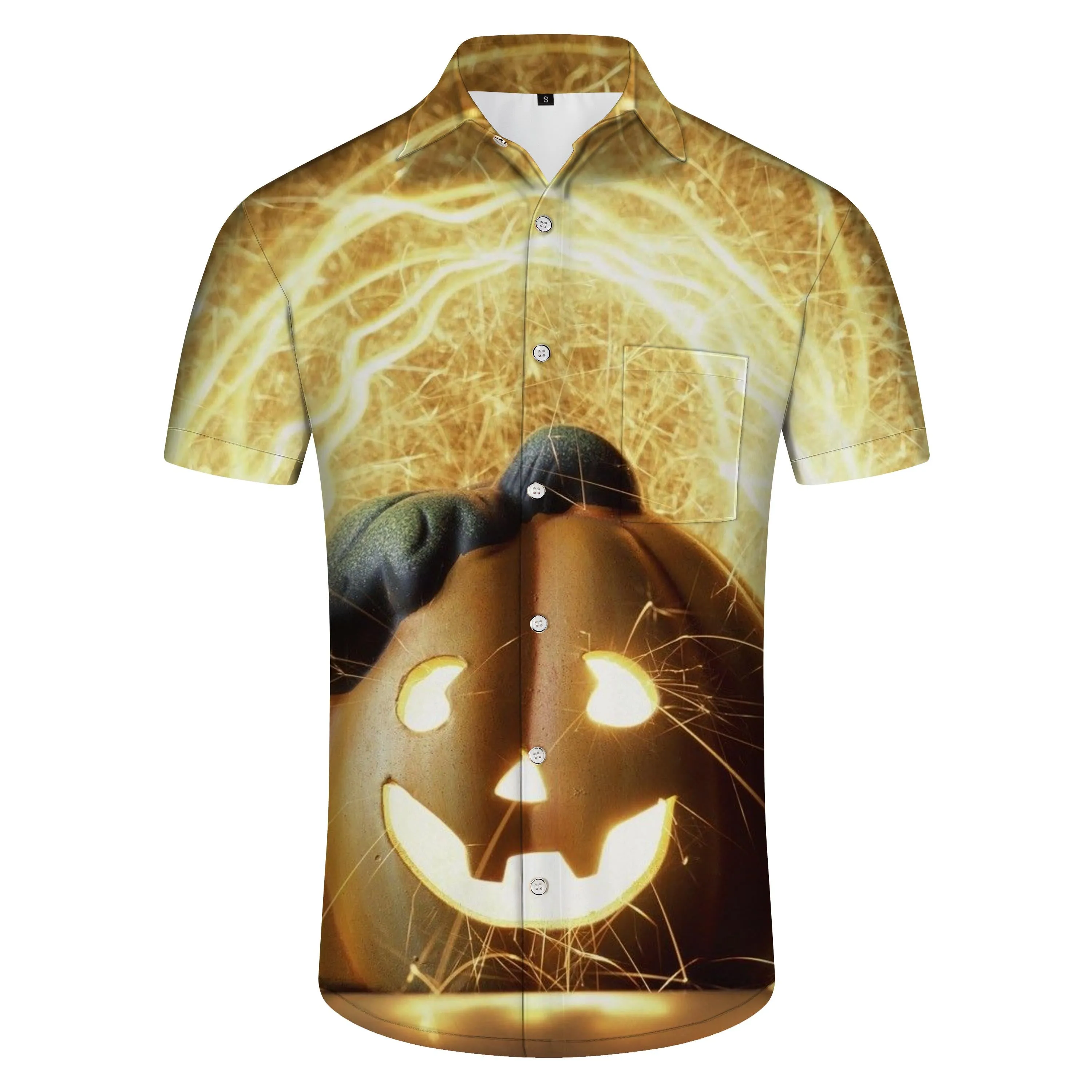 Ghost Adventure Pumpkin Glowing Pattern Summer Shirt Men's Short Sleeve Button Hawaiian Shirt Yellow