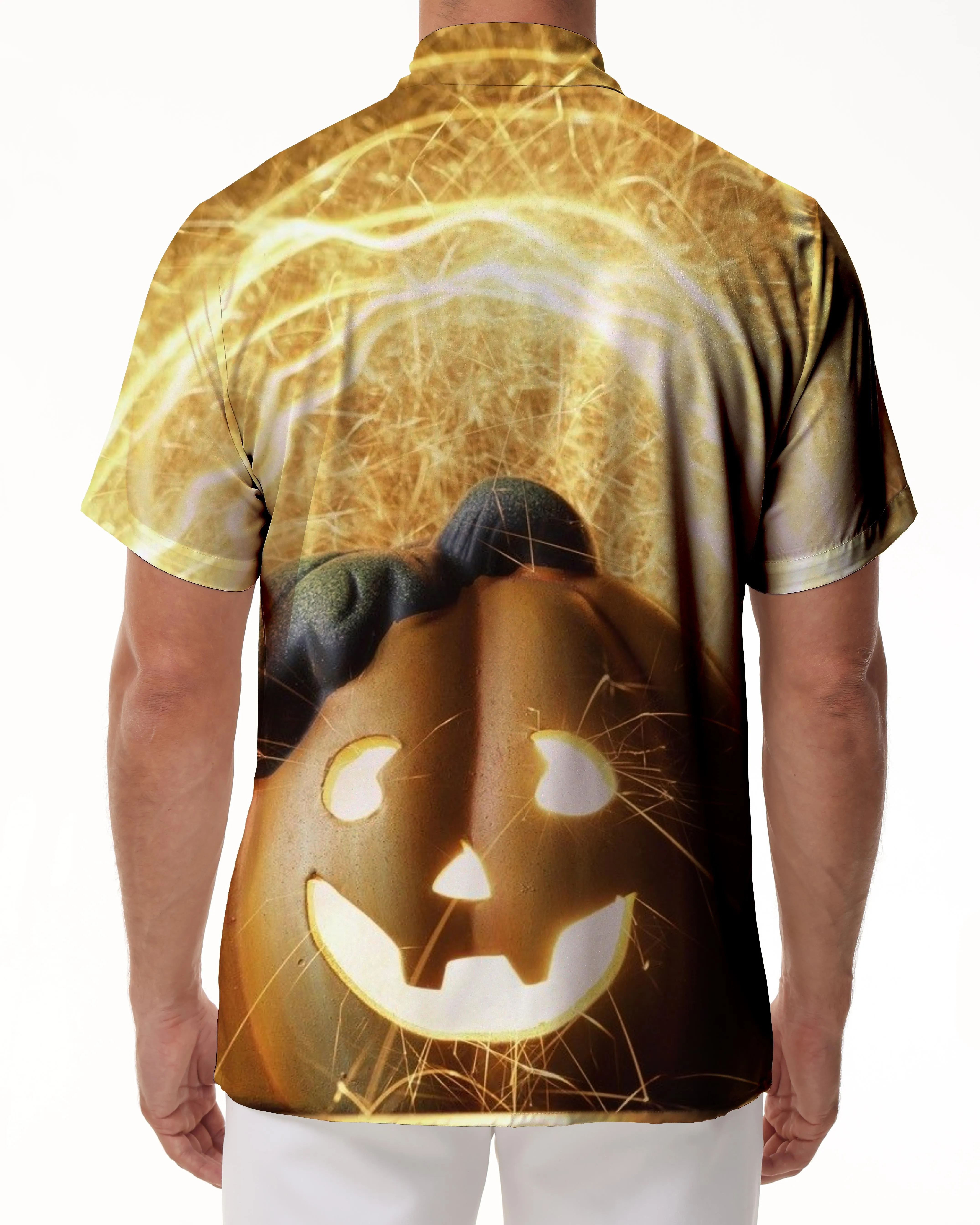 Ghost Adventure Pumpkin Glowing Pattern Summer Shirt Men's Short Sleeve Button Hawaiian Shirt Yellow