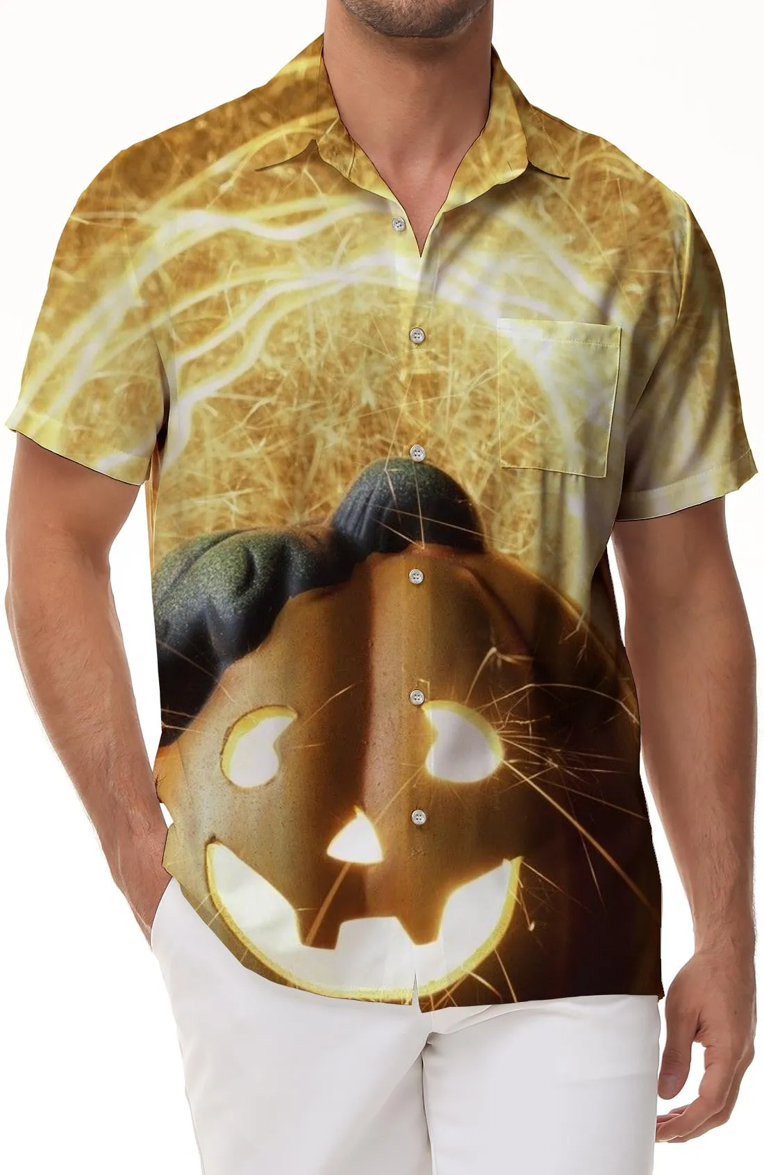 Ghost Adventure Pumpkin Glowing Pattern Summer Shirt Men's Short Sleeve Button Hawaiian Shirt Yellow