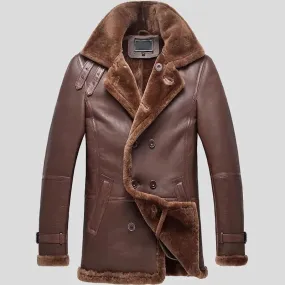 Glory Store UK Men's Brown Shearling Sheepskin Double-Breasted Coat