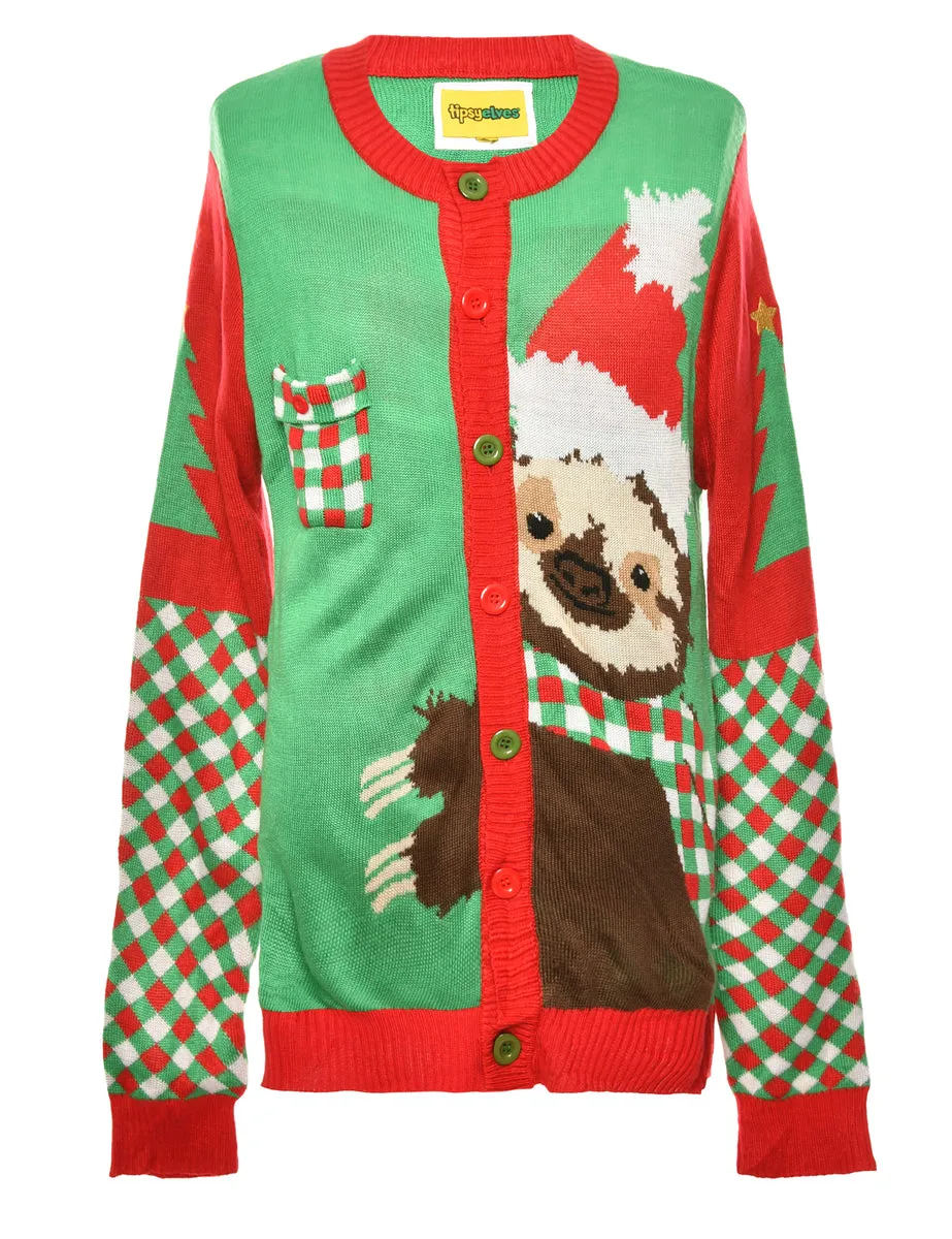 Green & Red Festive Season Sloth Design Jumper - L