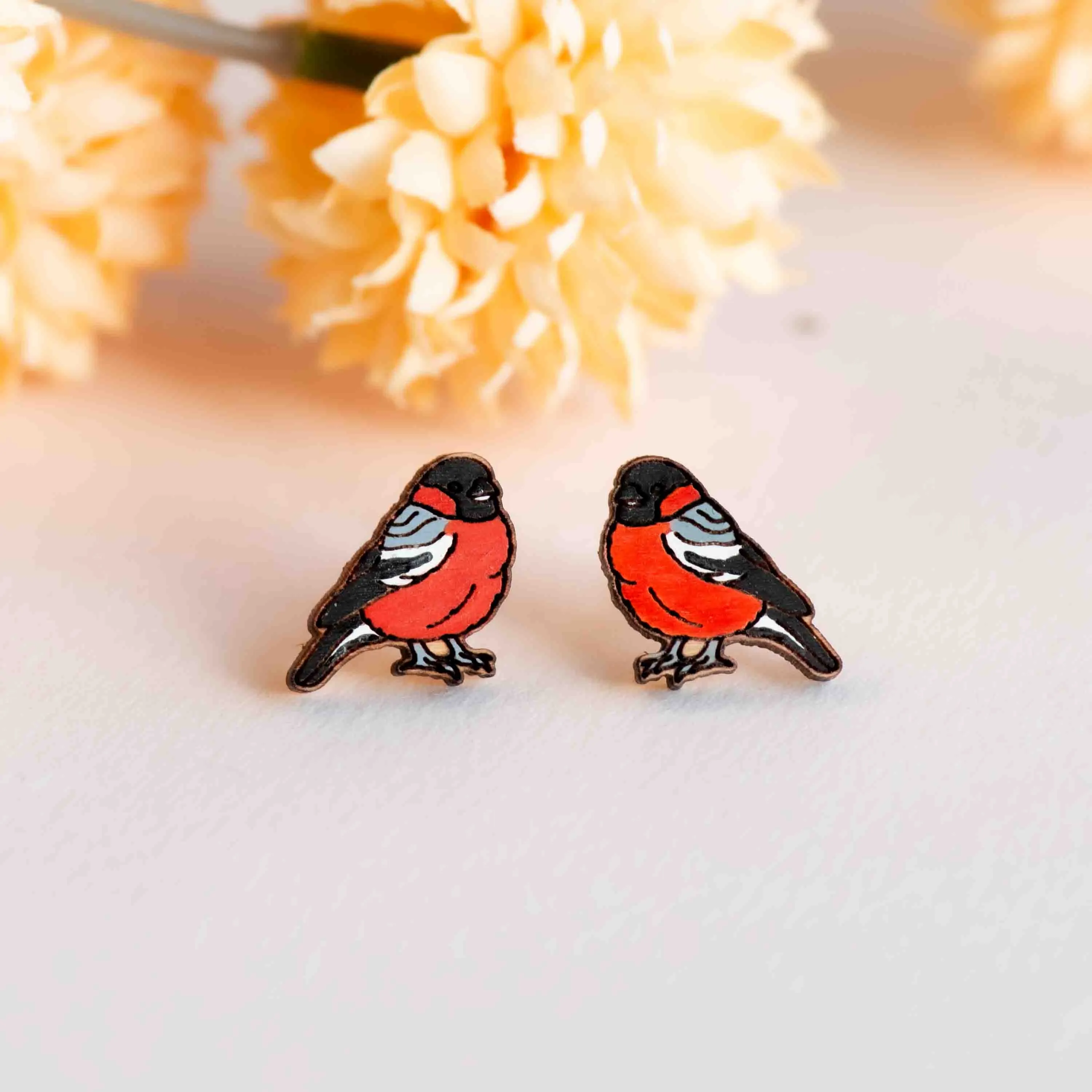 Hand-painted Bullfinch Wooden Stud Earrings - PEB12075