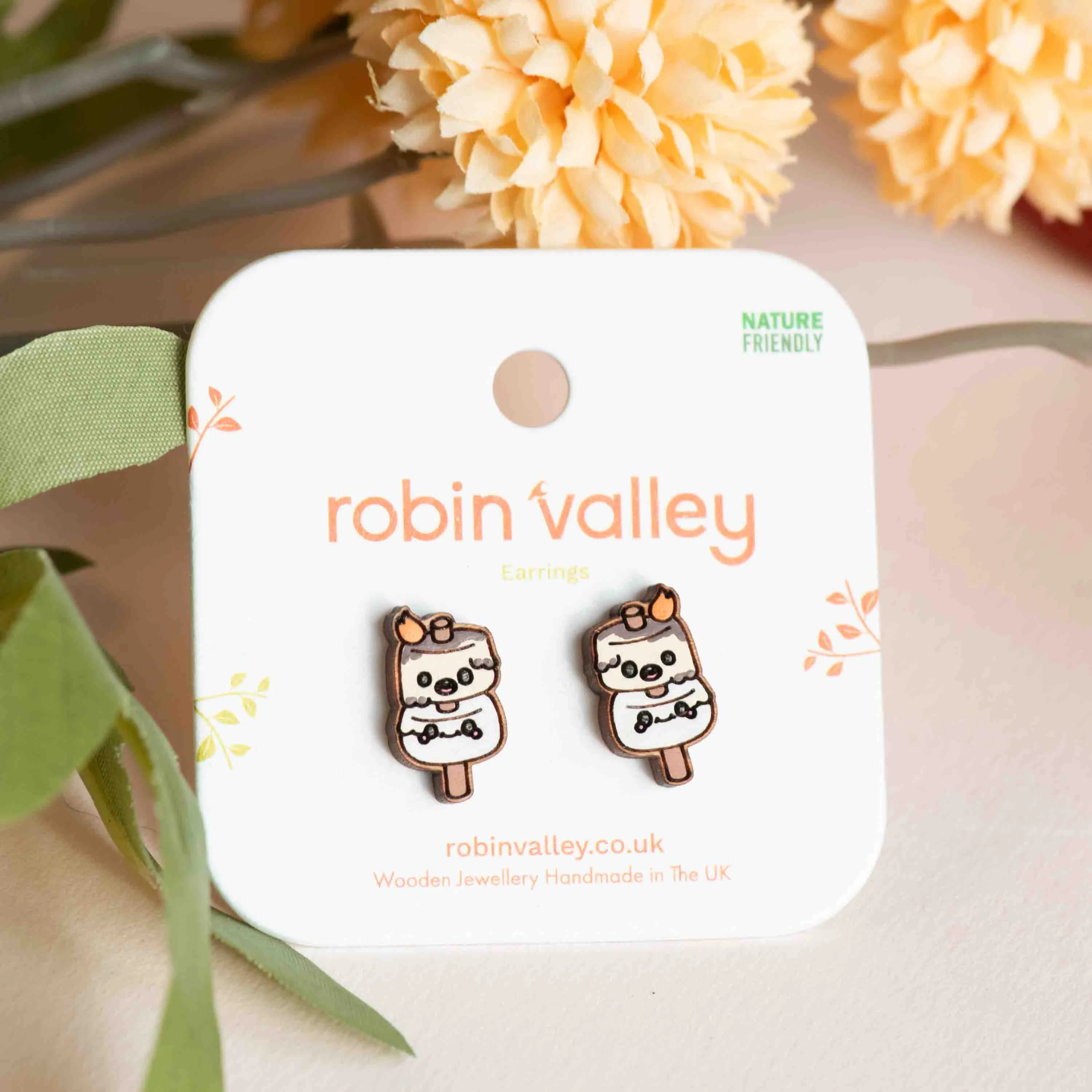 Hand-painted Marshmallow Wooden Earrings - PET15356