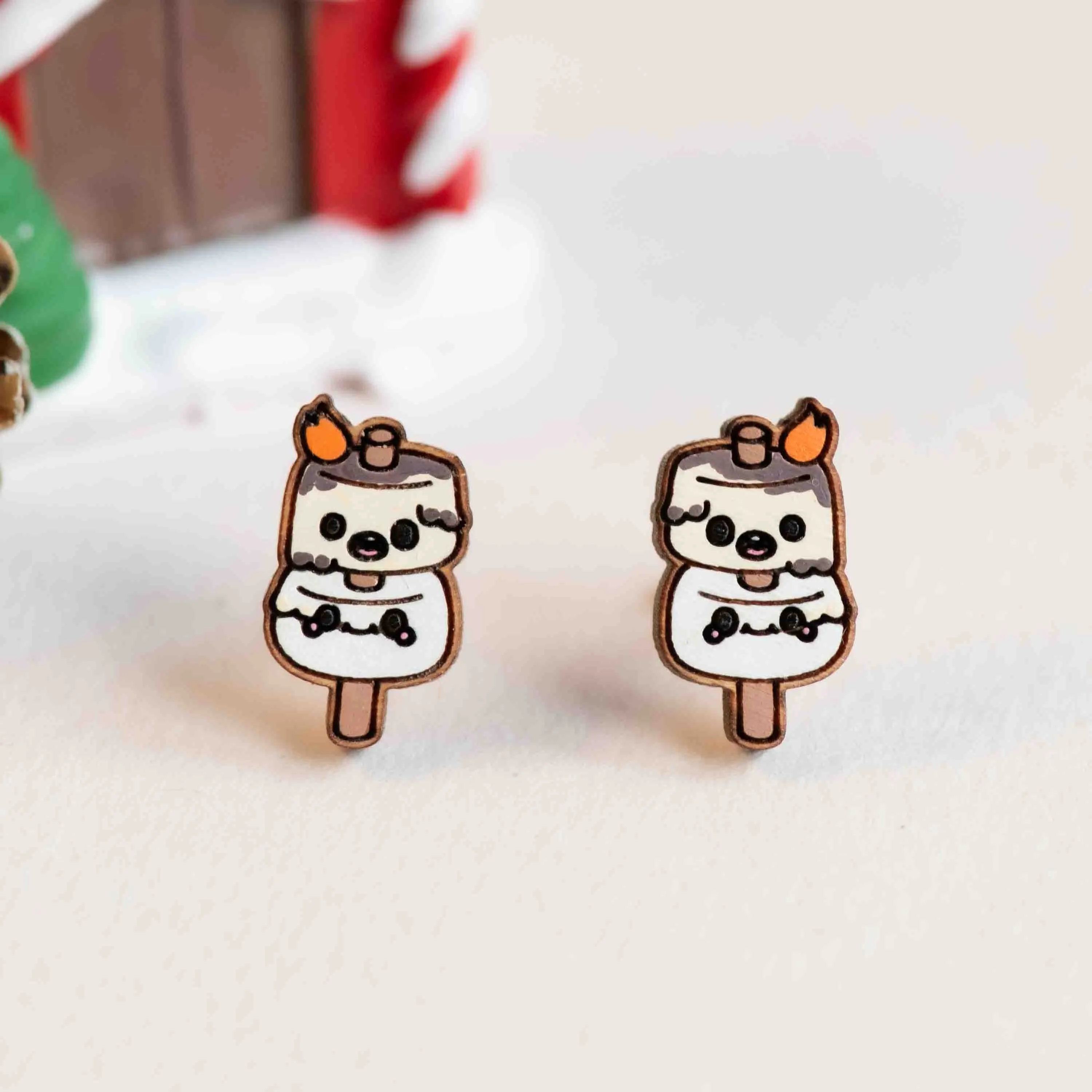 Hand-painted Marshmallow Wooden Earrings - PET15356