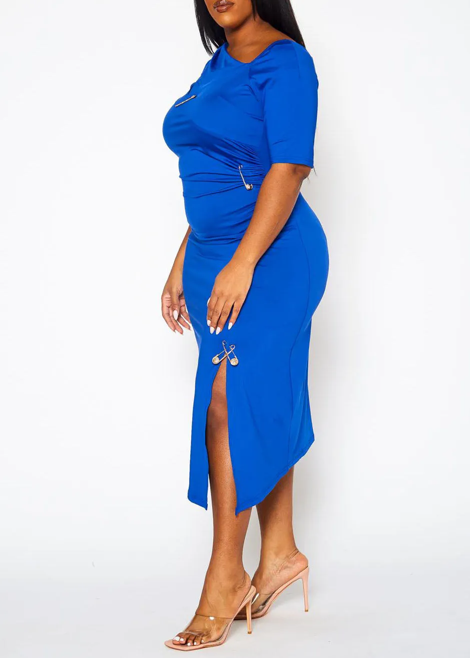 HI CURVY Plus Size Safety Pin Front Slit Bodycon Dress