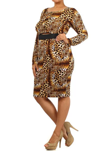 Hi Curvy Plus Size Women Cheetah spot print Cut out Bodycon Dress