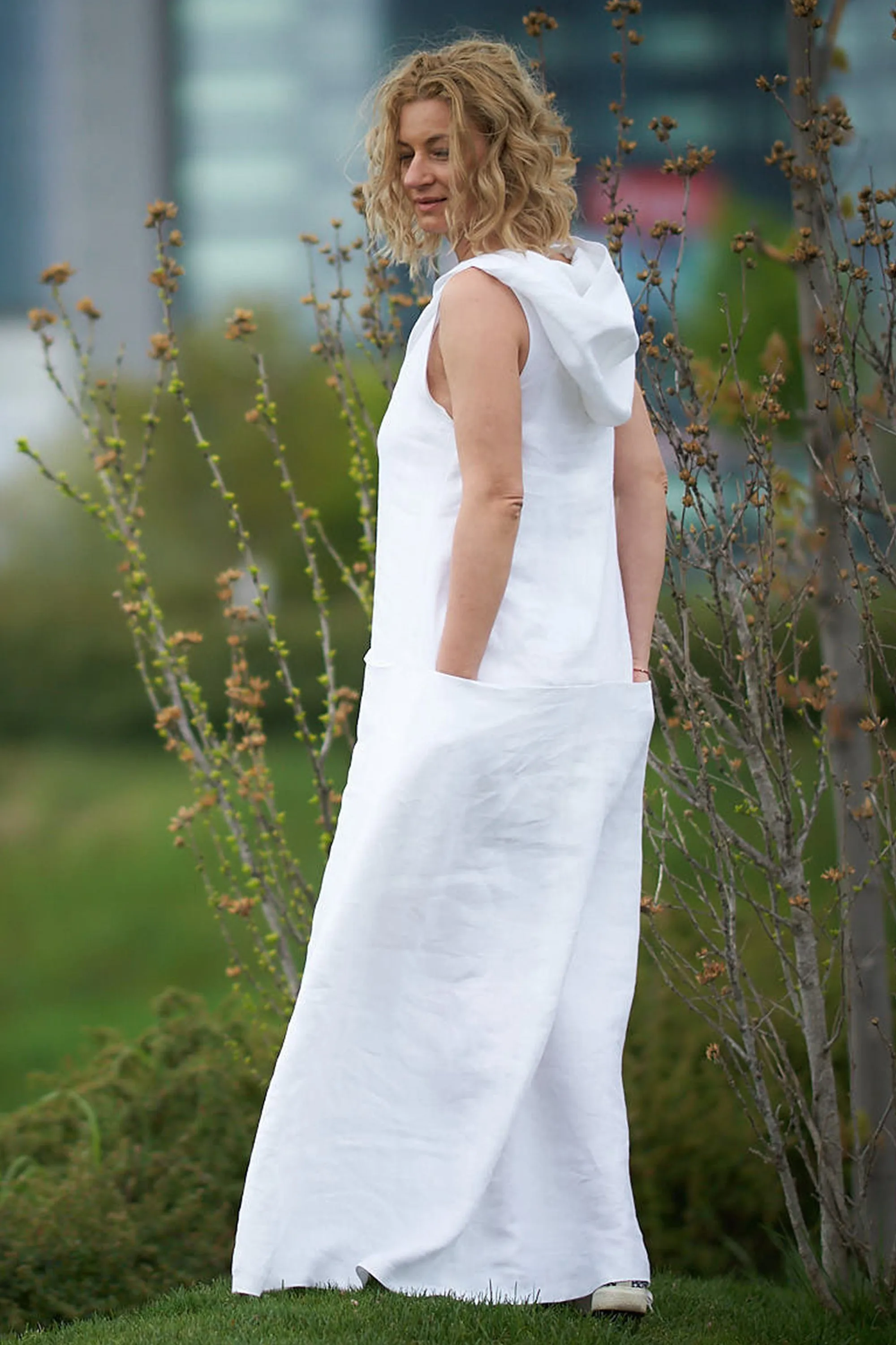 Hooded Linen Maxi Dress with Pockets