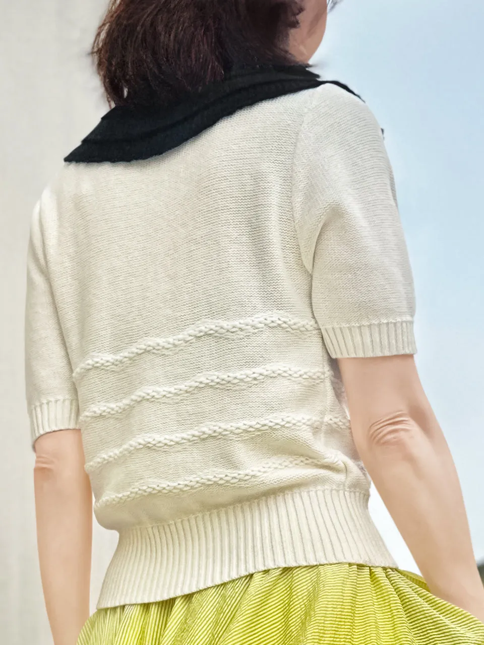 Ivory Linen-Blend Contrast Collar Short-sleeves Knit Top