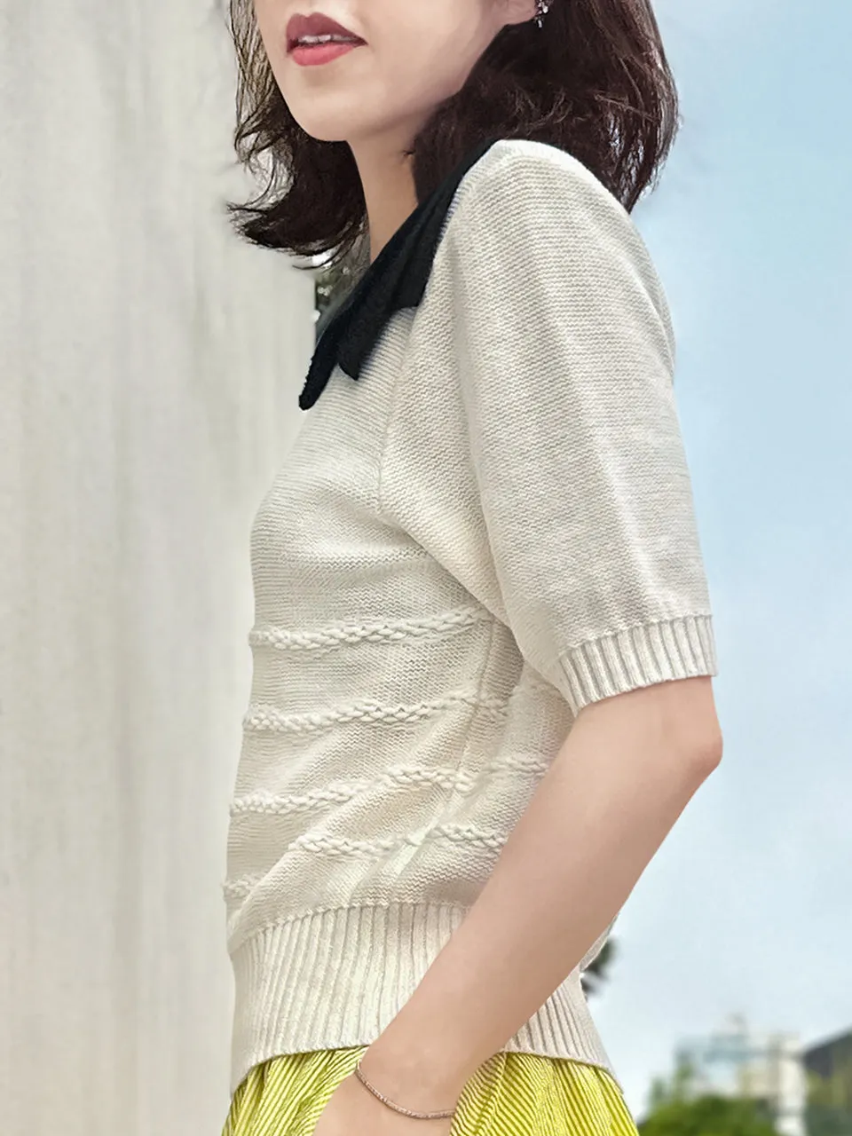 Ivory Linen-Blend Contrast Collar Short-sleeves Knit Top