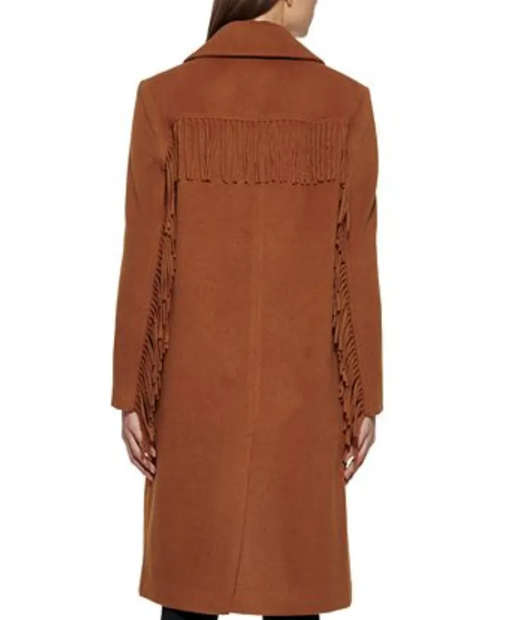 Kenneth Cole Petite Single-Breasted Fringe Walker Coat