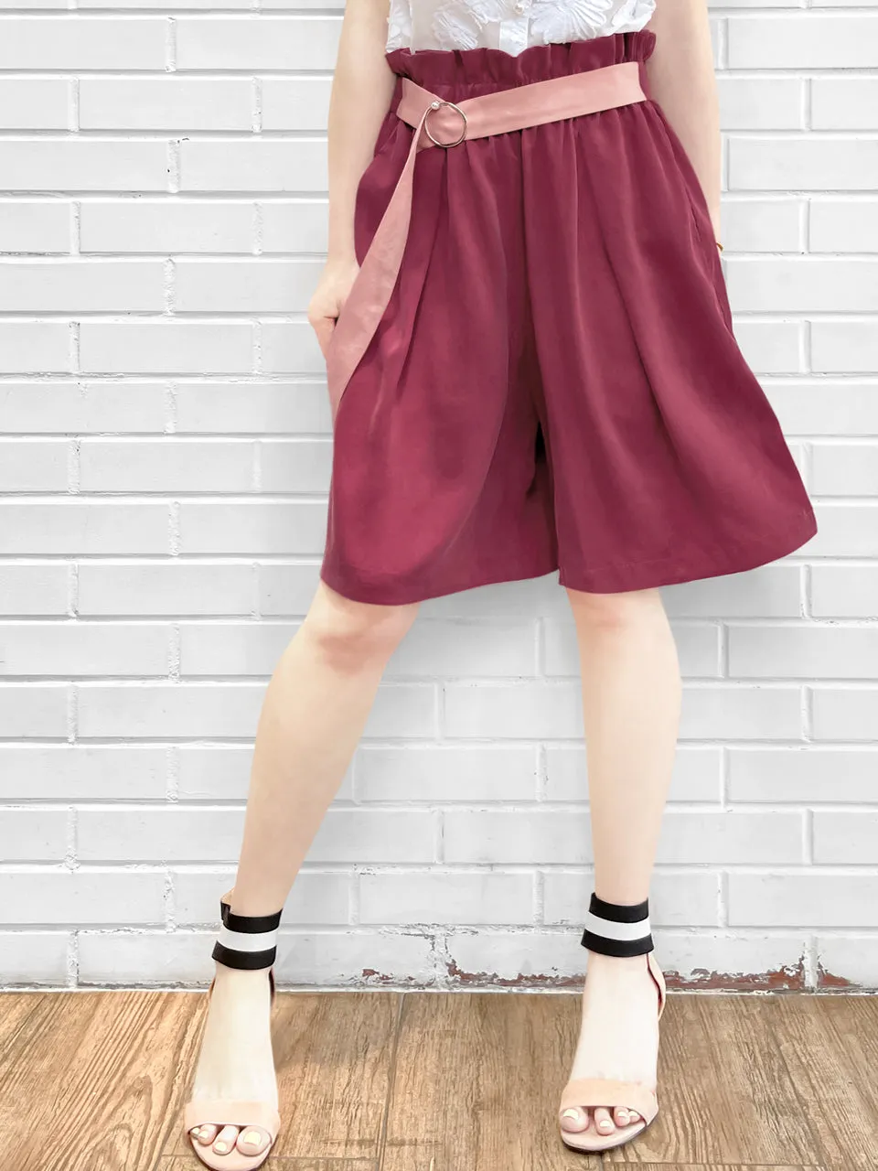 Last Chance! Deep Magenta Paperbag Waist Wide-leg Shorts