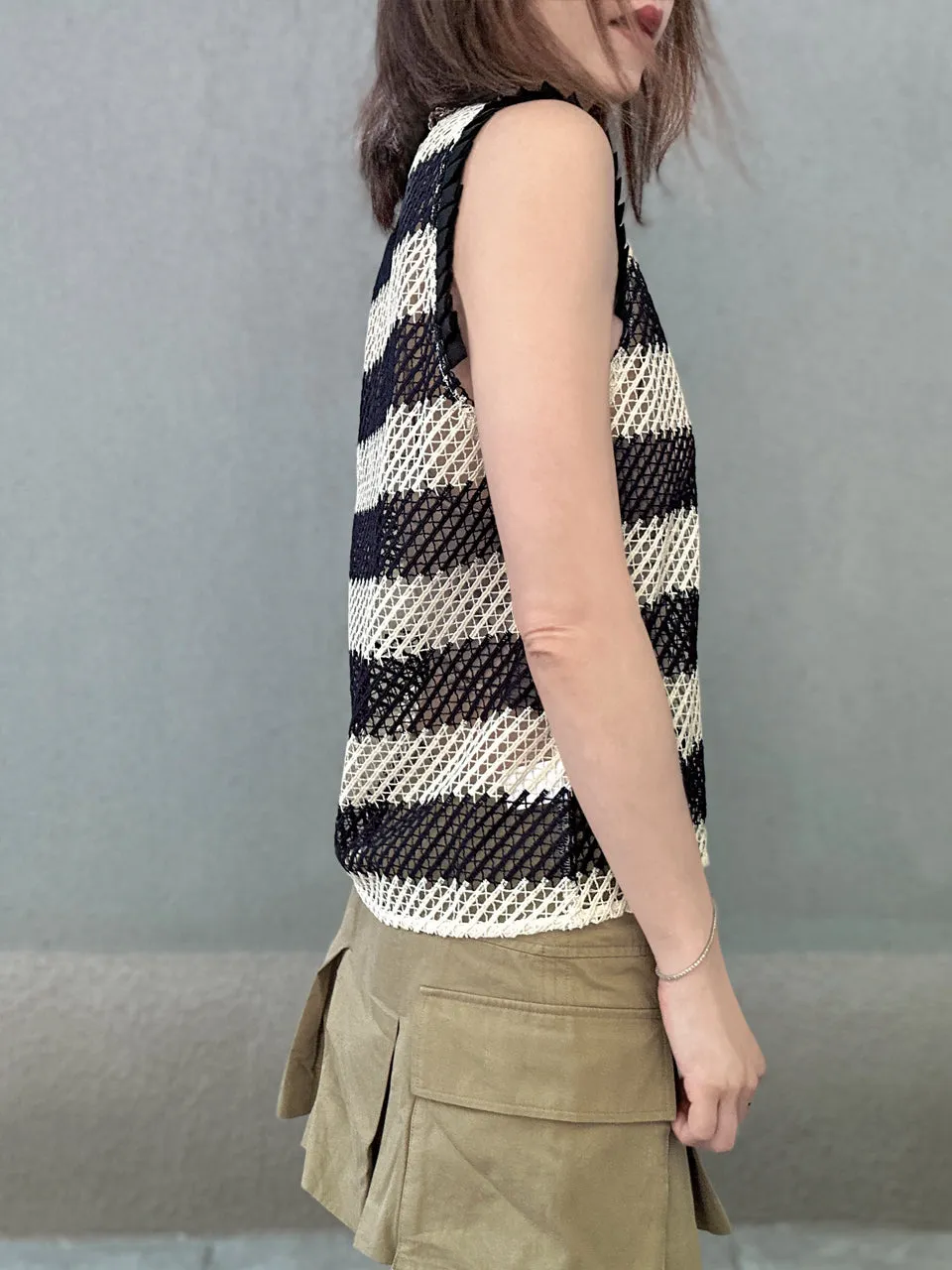 Last Chance! Stripe Pleated Ruffle Shoulder Crochet Net Tank