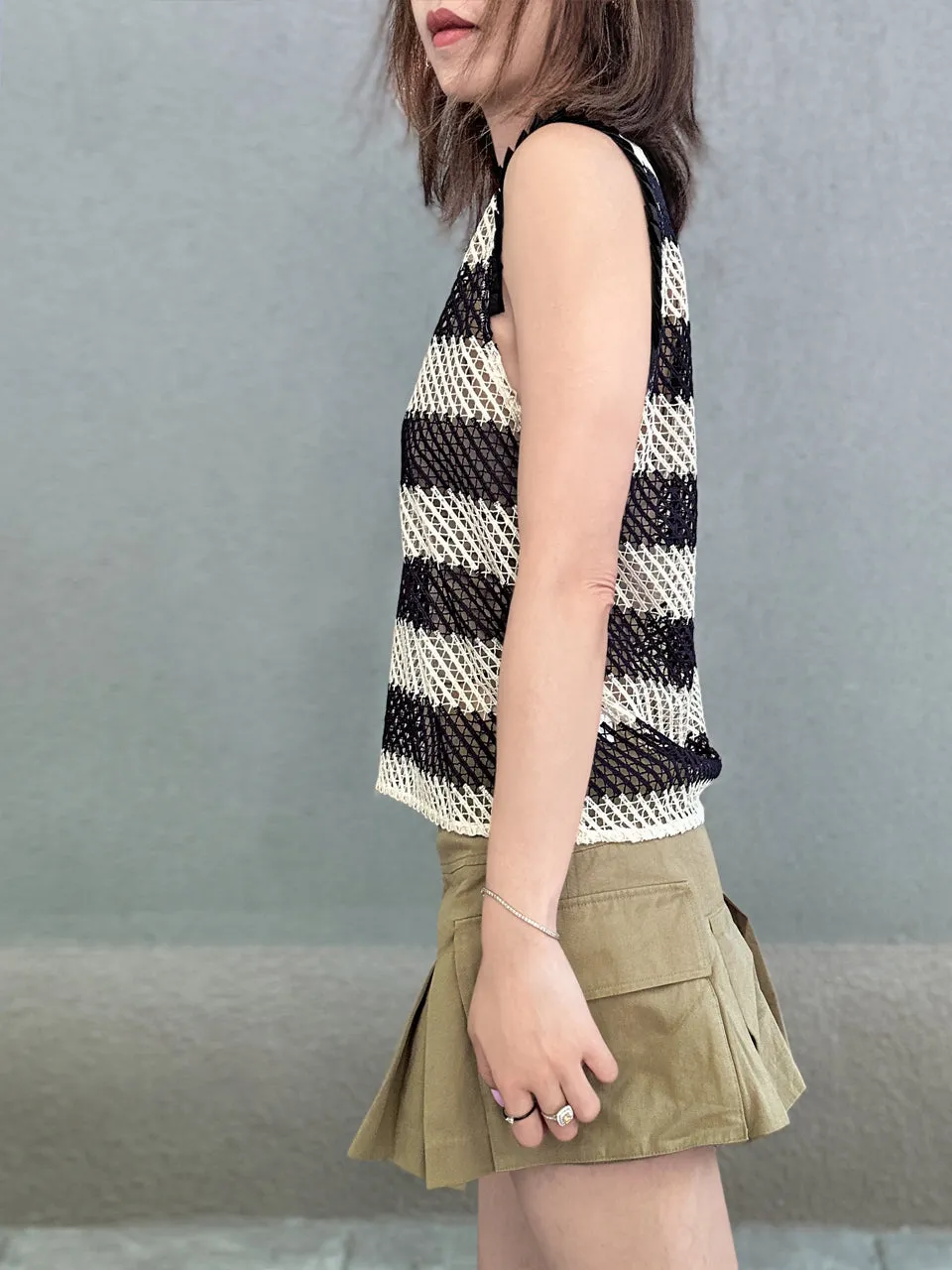 Last Chance! Stripe Pleated Ruffle Shoulder Crochet Net Tank