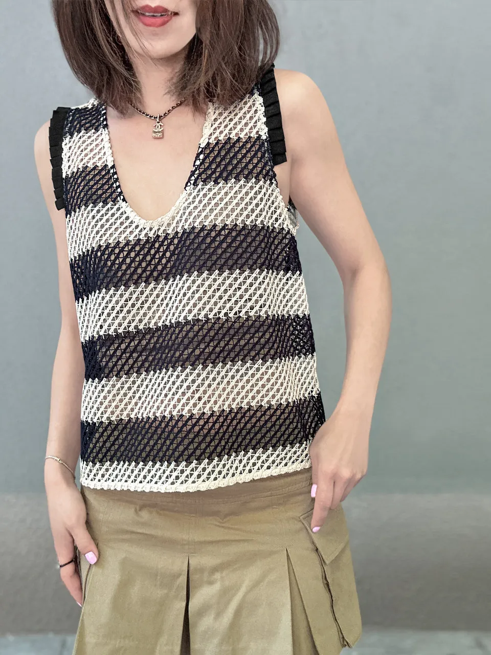 Last Chance! Stripe Pleated Ruffle Shoulder Crochet Net Tank