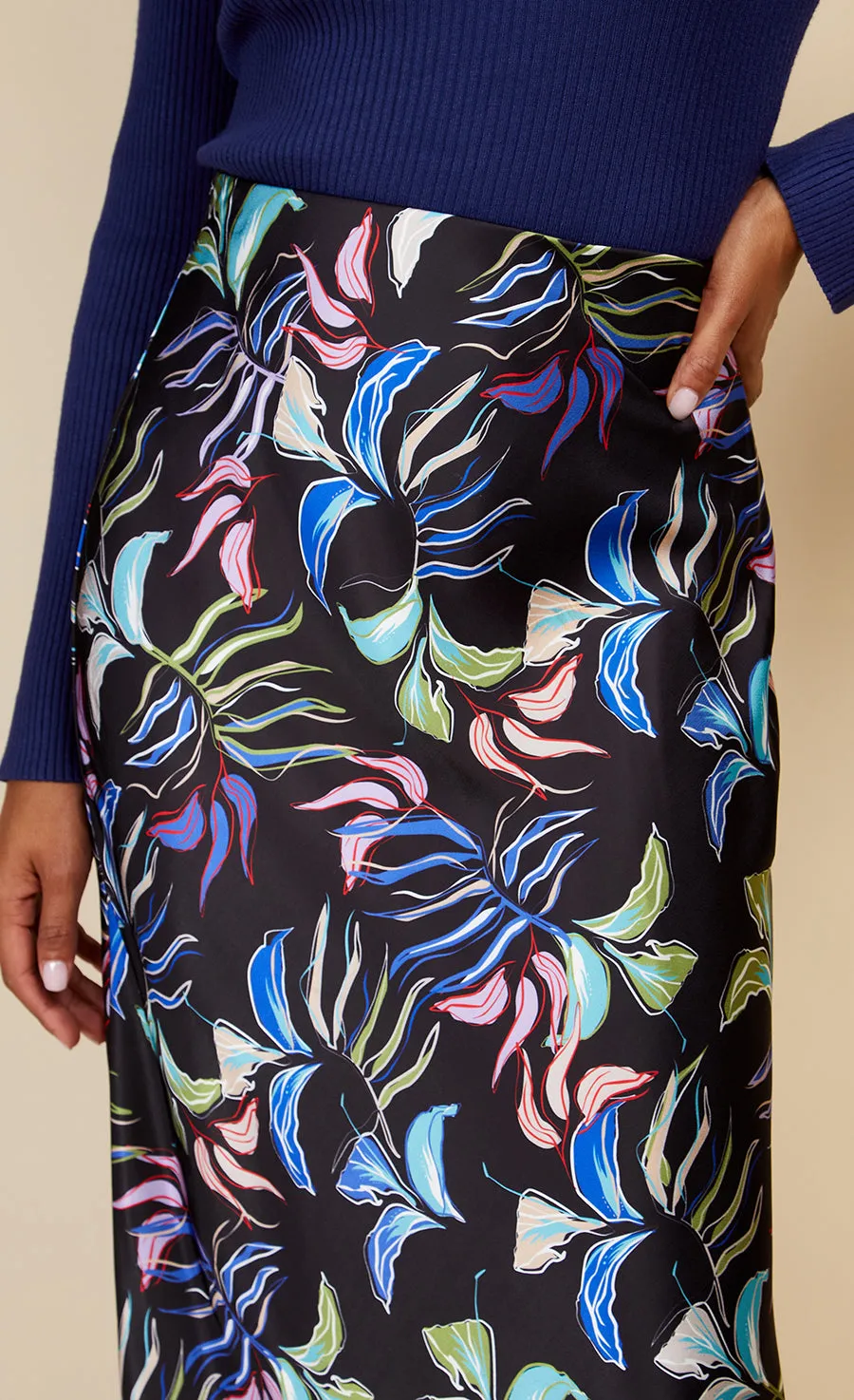 Leaf Print Satin Midi Slip Skirt by Vogue Williams