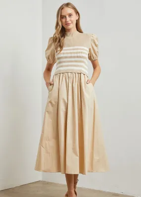 Leonora, Women’s Knit Stripe Bodice, Mixed Media, Maxi Dress, Sand