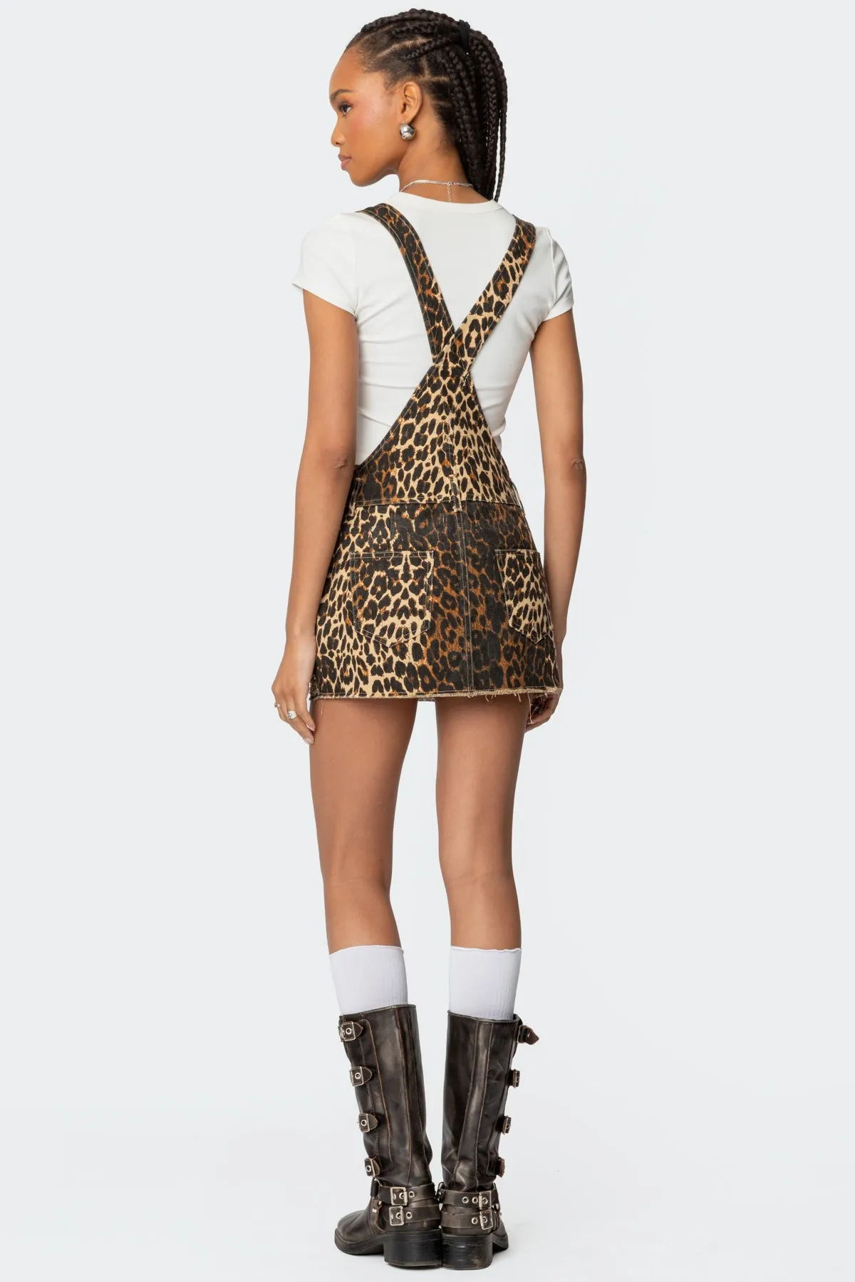 Leopard Denim Overall Mini Dress