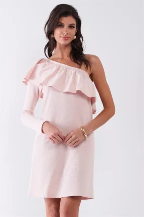 Light Blush Ribbed One-Sleeve Ruffle Trim Detail Loose Fit Mini Dress /1-2-2-1