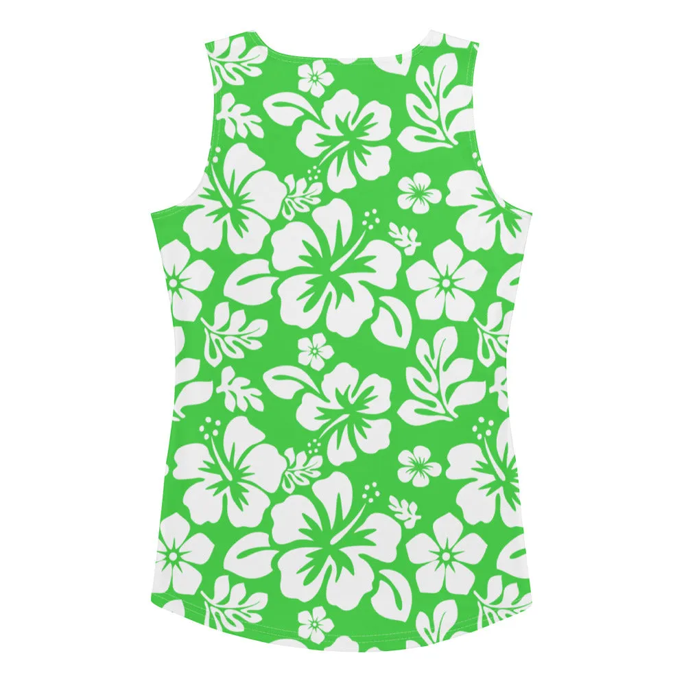 Lime Green and White Hawaiian Flowers Women's Athletic Swim Tank Top