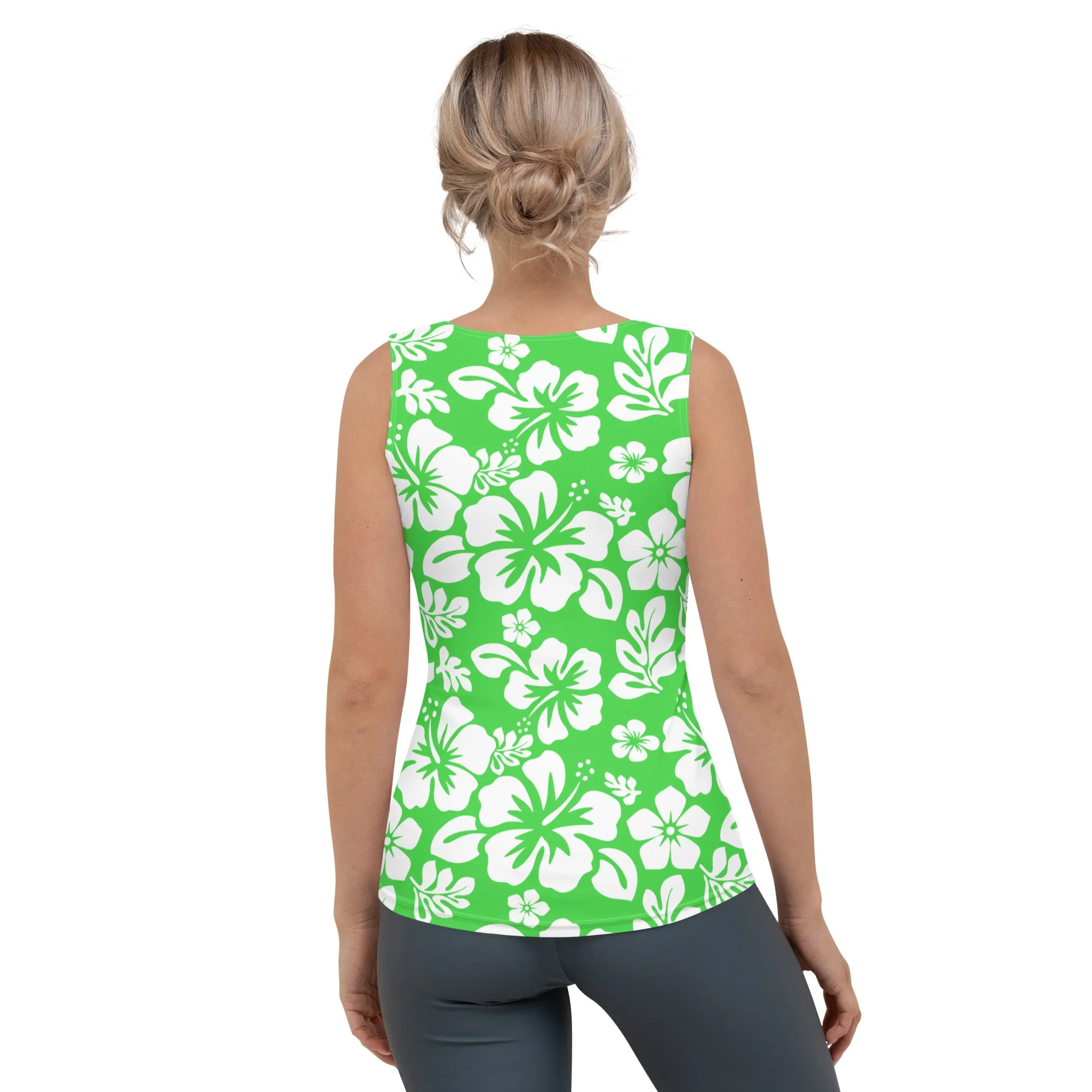 Lime Green and White Hawaiian Flowers Women's Athletic Swim Tank Top