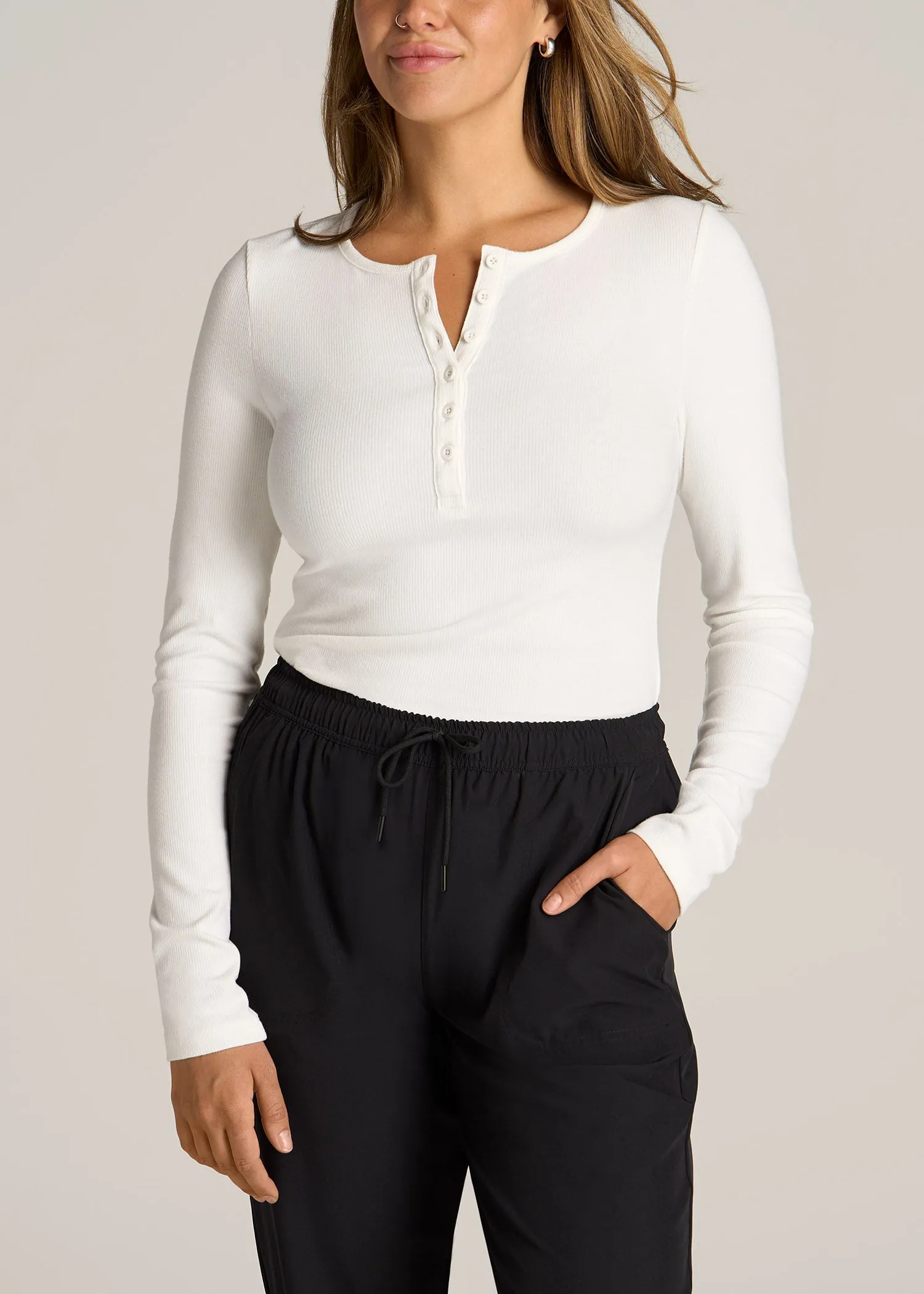 Long Sleeve Ribbed Crewneck Women's Tall Henley Shirt in Cream