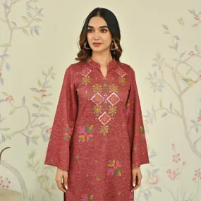 Maroon Phulkari Printed Woollen Kurta with Sequins Work