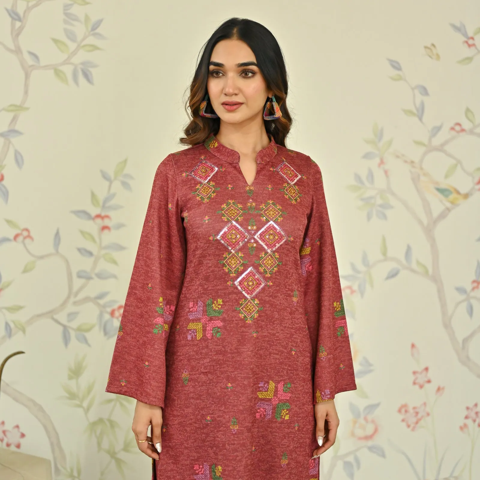 Maroon Phulkari Printed Woollen Kurta with Sequins Work