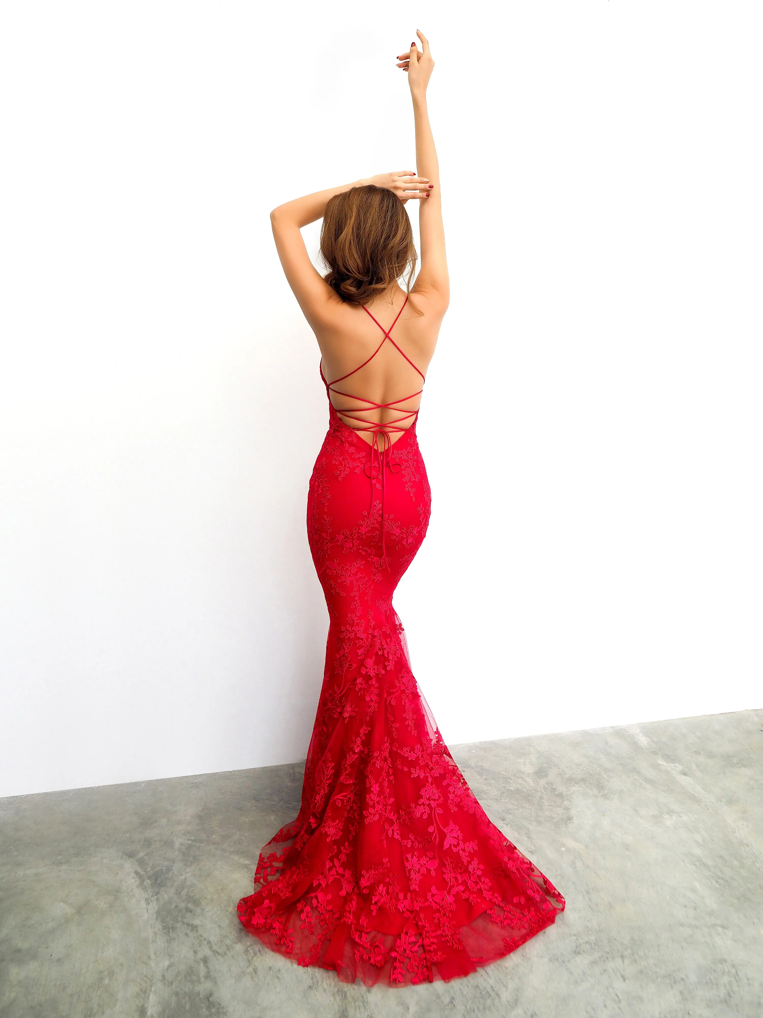 Maroon red lace criss-cross back mermaid dress