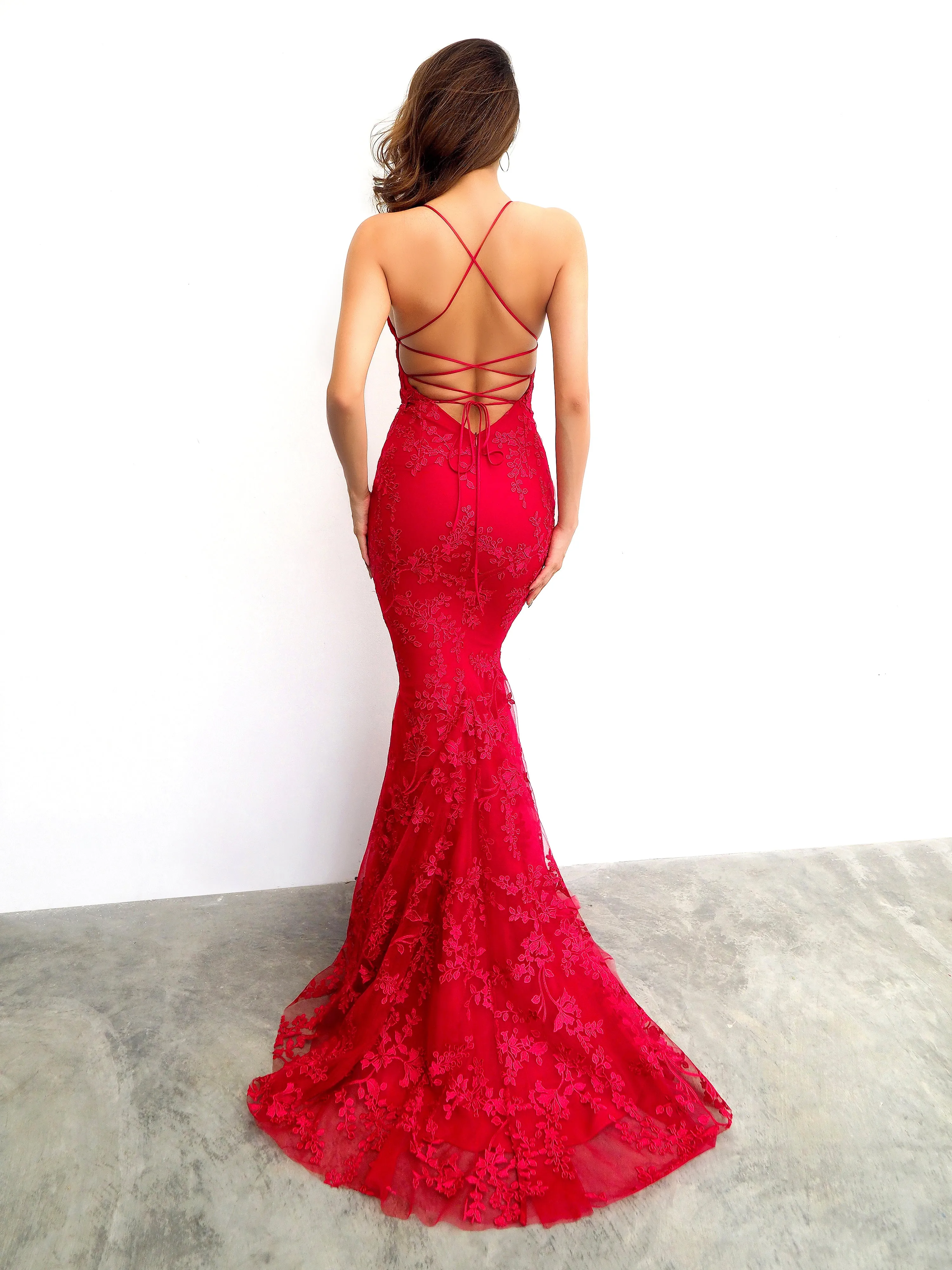 Maroon red lace criss-cross back mermaid dress