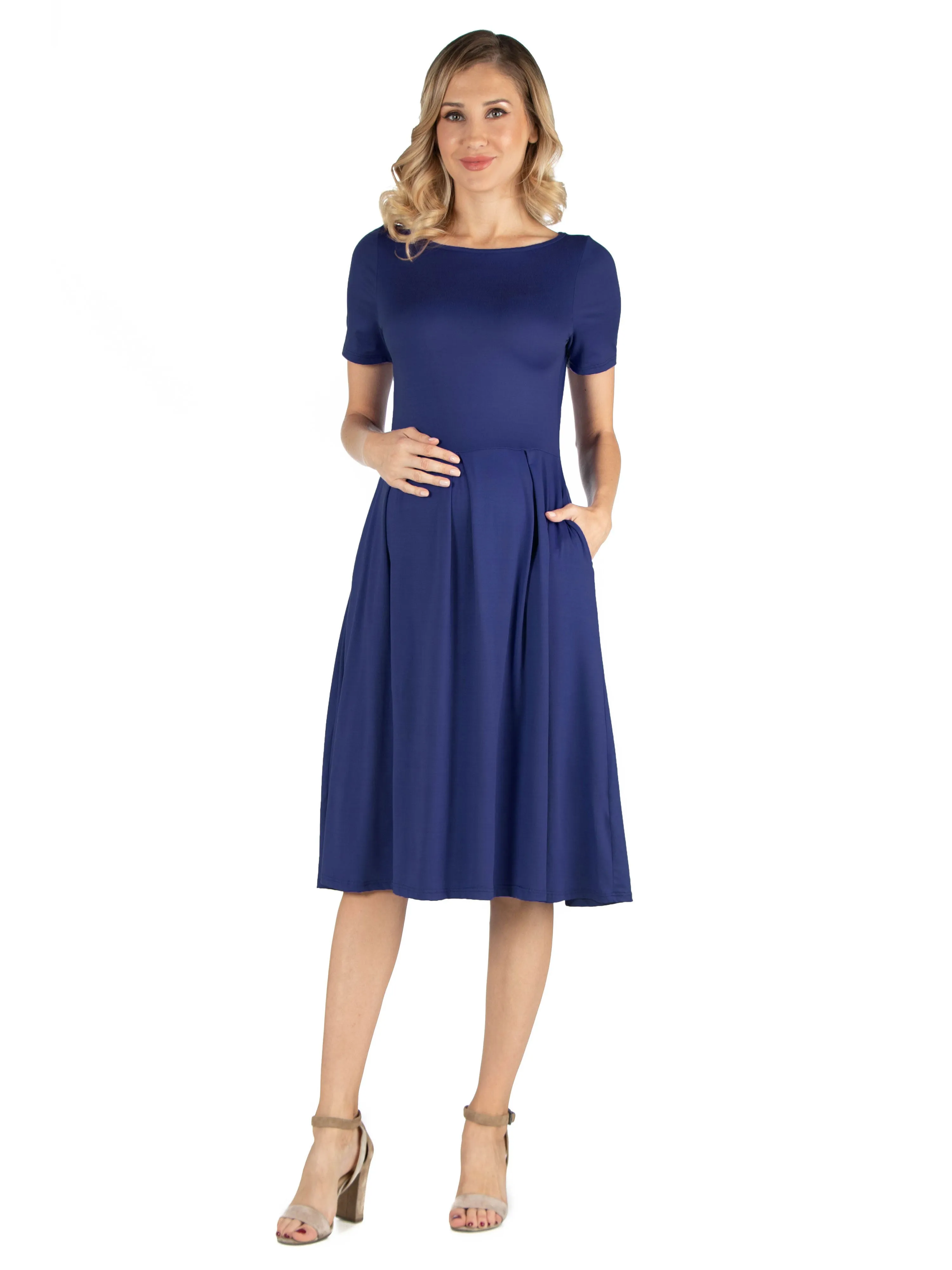 Maternity Midi Dress with Short Sleeve and Pocket Detail