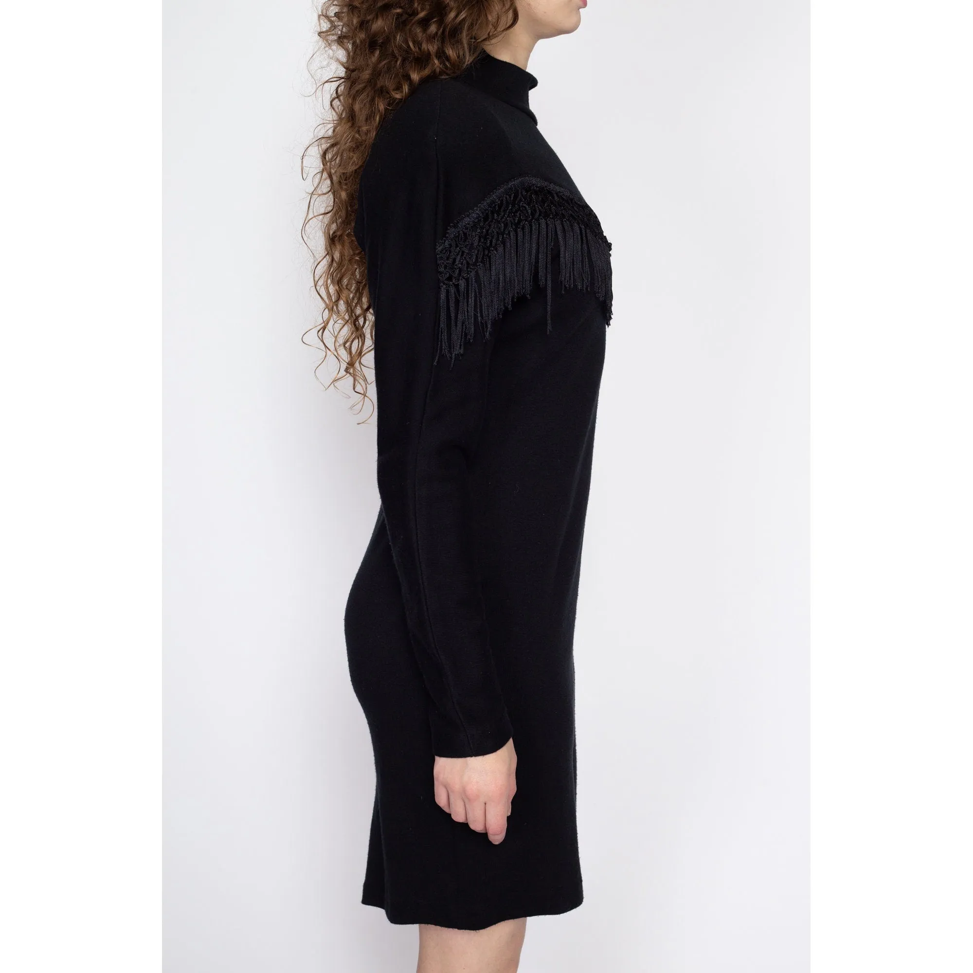 Medium 80s Black Fringe Trim Bodycon Mini Dress