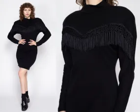 Medium 80s Black Fringe Trim Bodycon Mini Dress