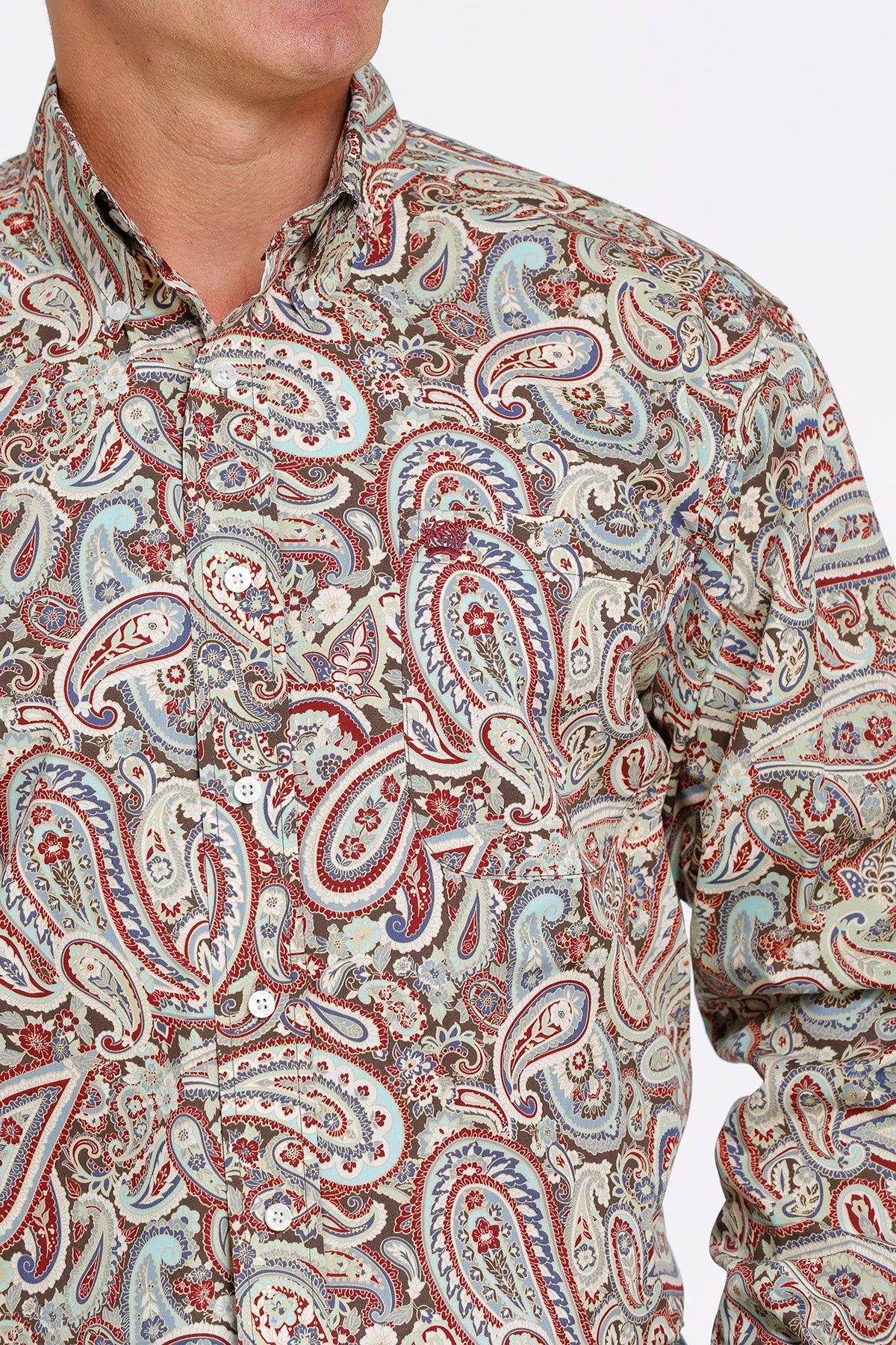 Men's Cinch Paisley Print Button Down Western Shirt Burgundy/Aqua/Brown - MTW1105426