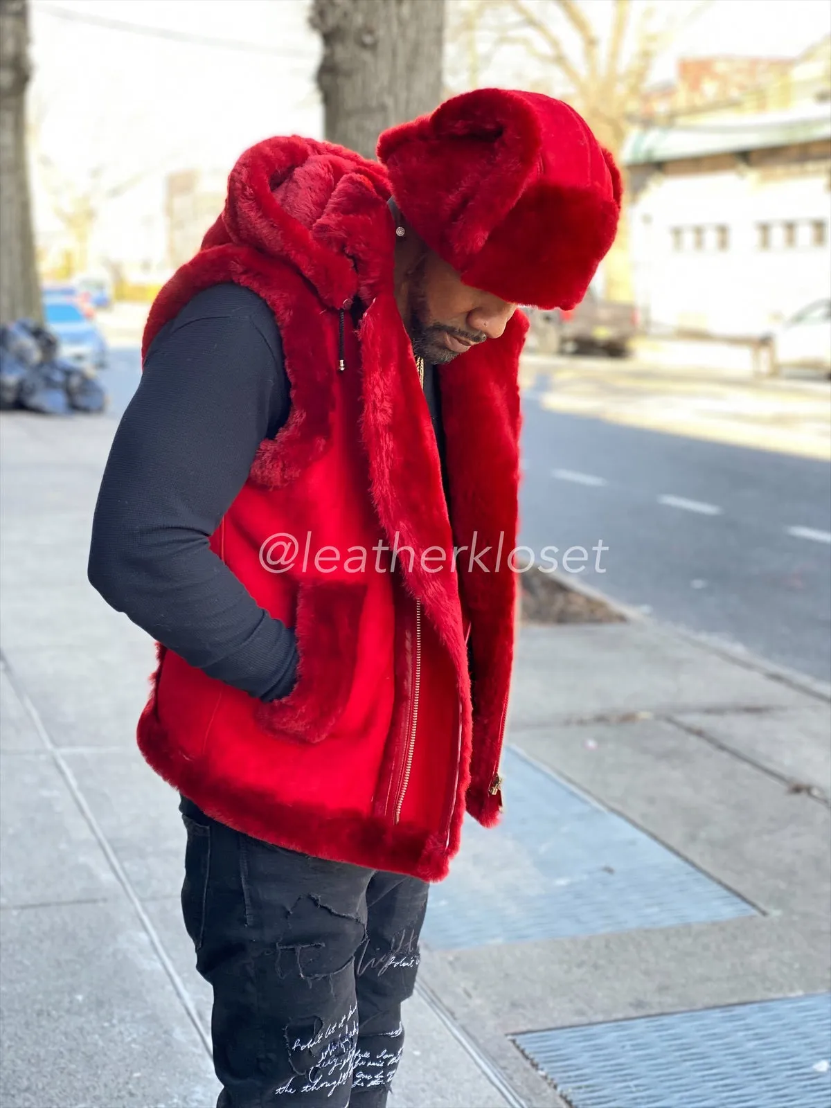 Men's Real Sheepskin Shearling Vest With Hat [Oxblood]